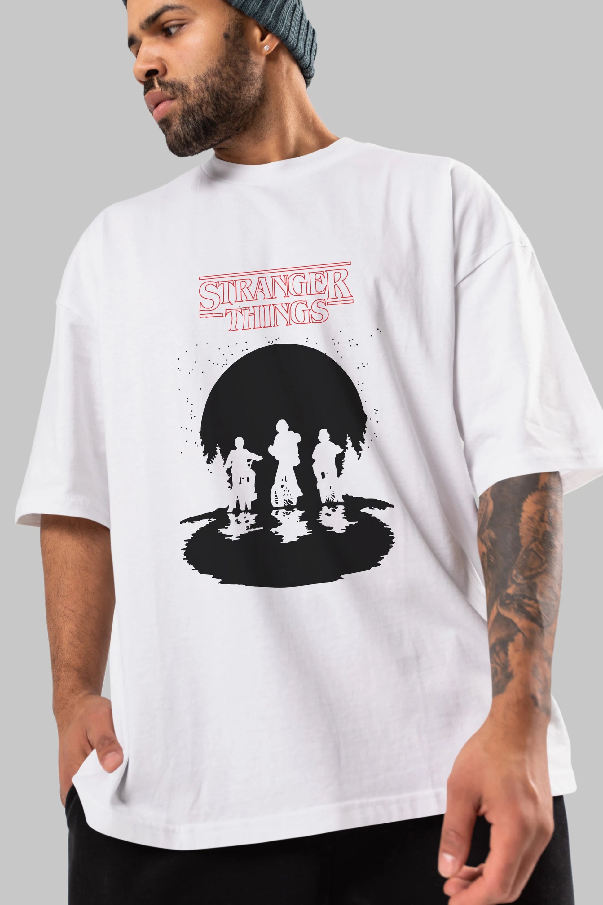 Stranger Things Ön Baskılı Oversize t-shirt Erkek Kadın Unisex %100 Pamuk Bisiklet Yaka tişort