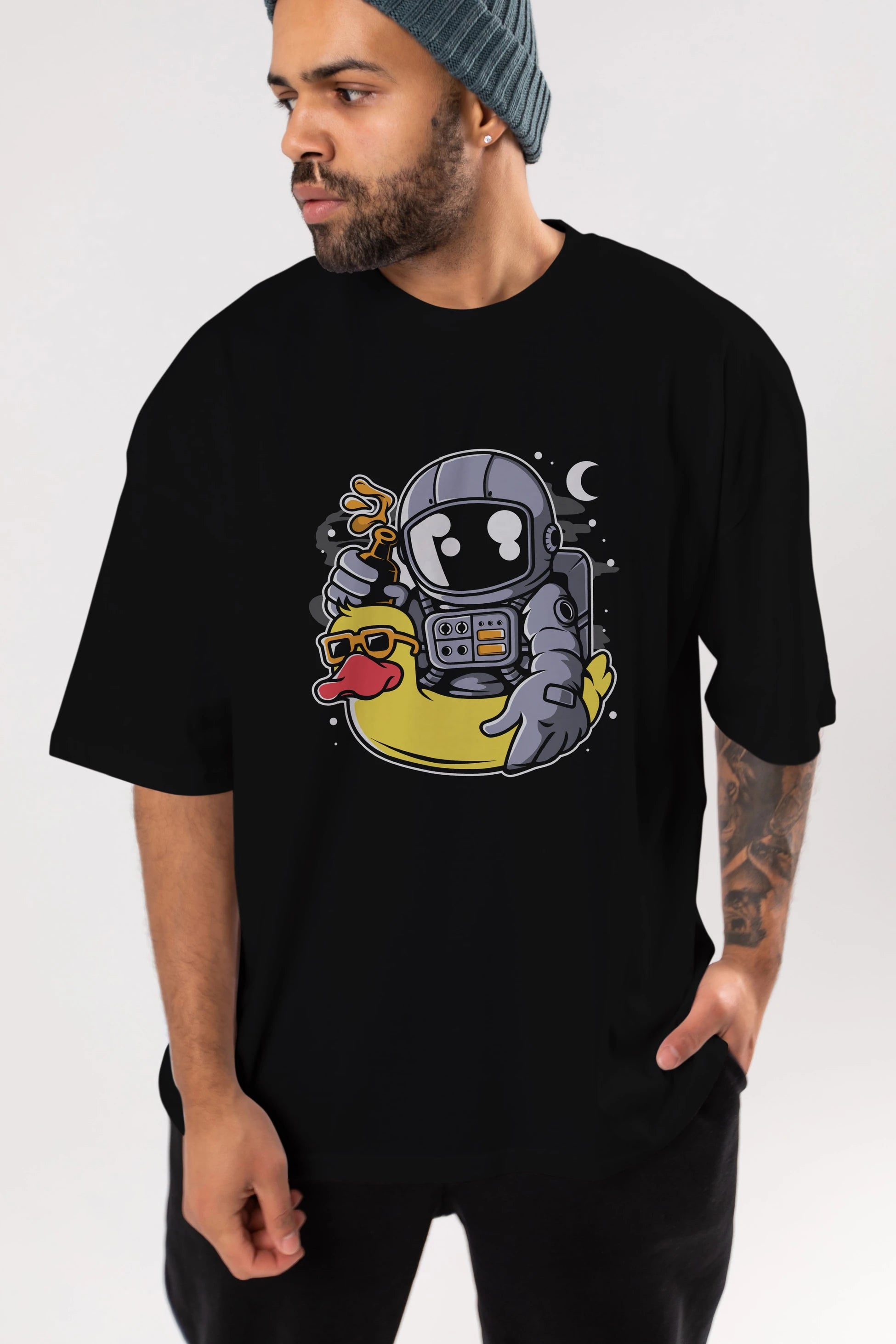 Astronaut Duck Balloon Ön Baskılı Oversize t-shirt Erkek Kadın Unisex