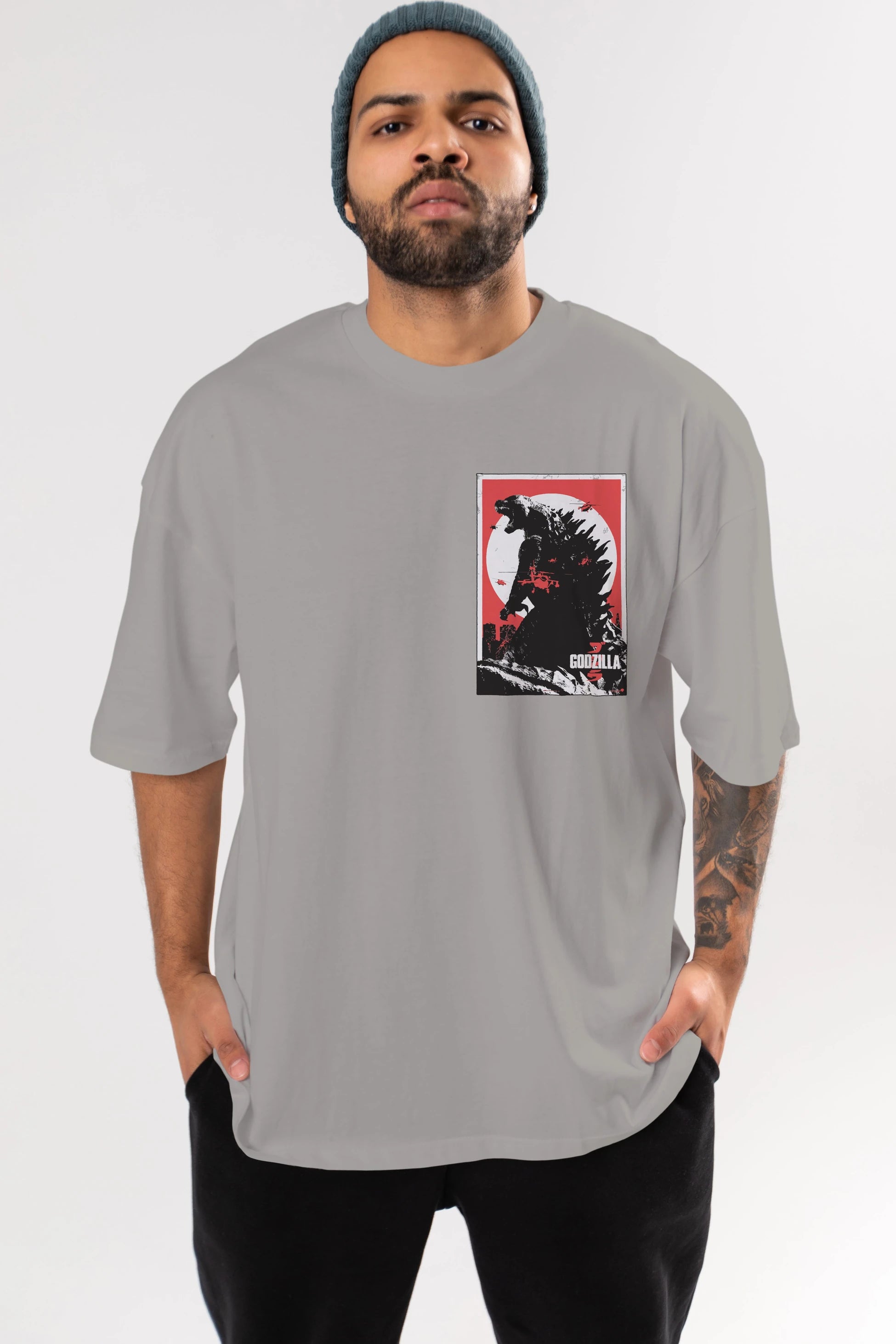 Godzilla (2) Ön Sol Baskılı Oversize t-shirt Erkek Kadın Unisex %100 Pamuk Bisiklet Yaka tişort