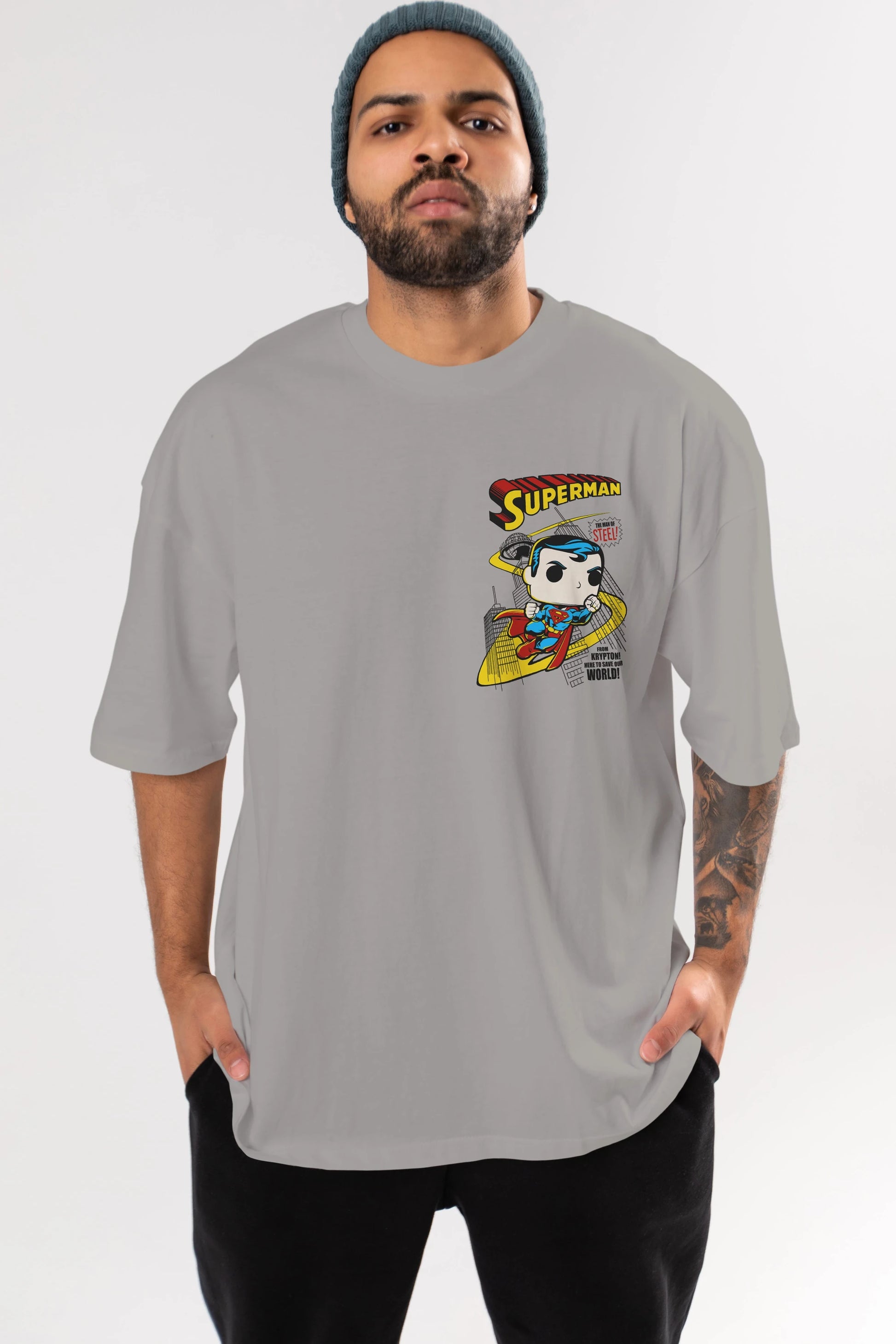 Superman (2) Ön Sol Baskılı Oversize t-shirt Erkek Kadın Unisex %100 Pamuk Bisiklet Yaka tişort