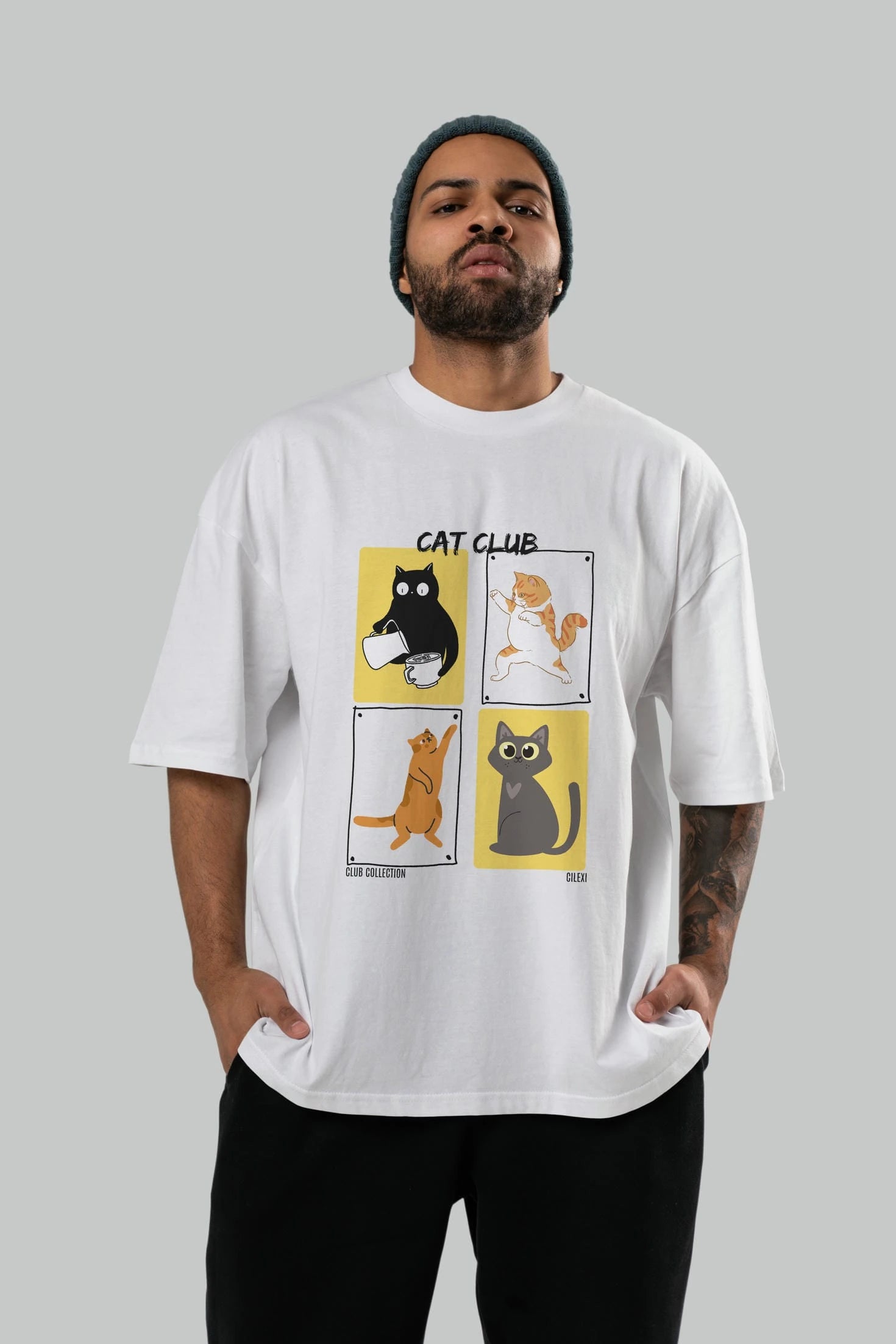 Cat Club ön Baskılı Oversize t-shirt Erkek Kadın %100 Pamuk Bisiklet Yaka tişort