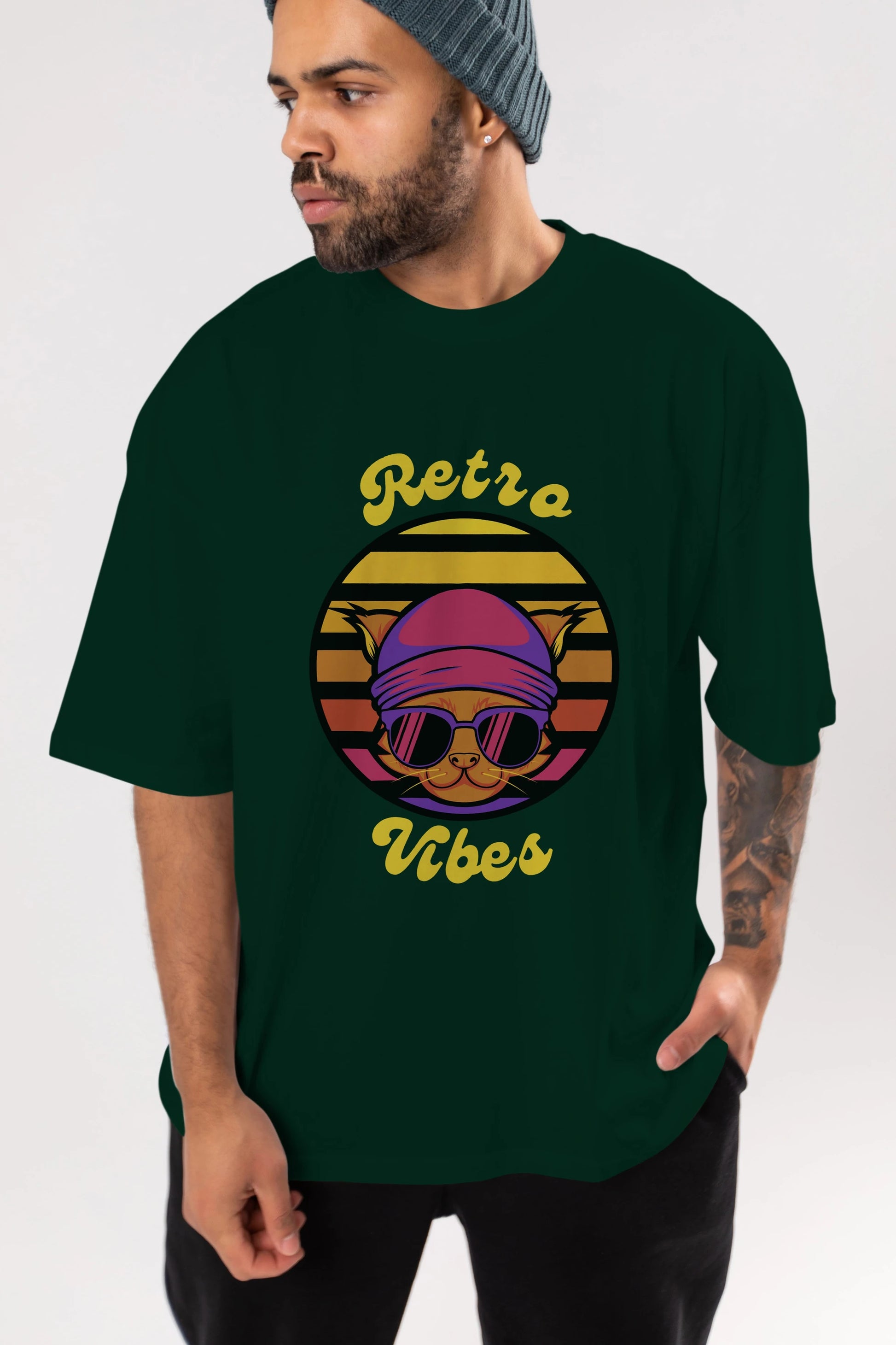 Cat Retro Vibes Ön Baskılı Oversize t-shirt Erkek Kadın Unisex