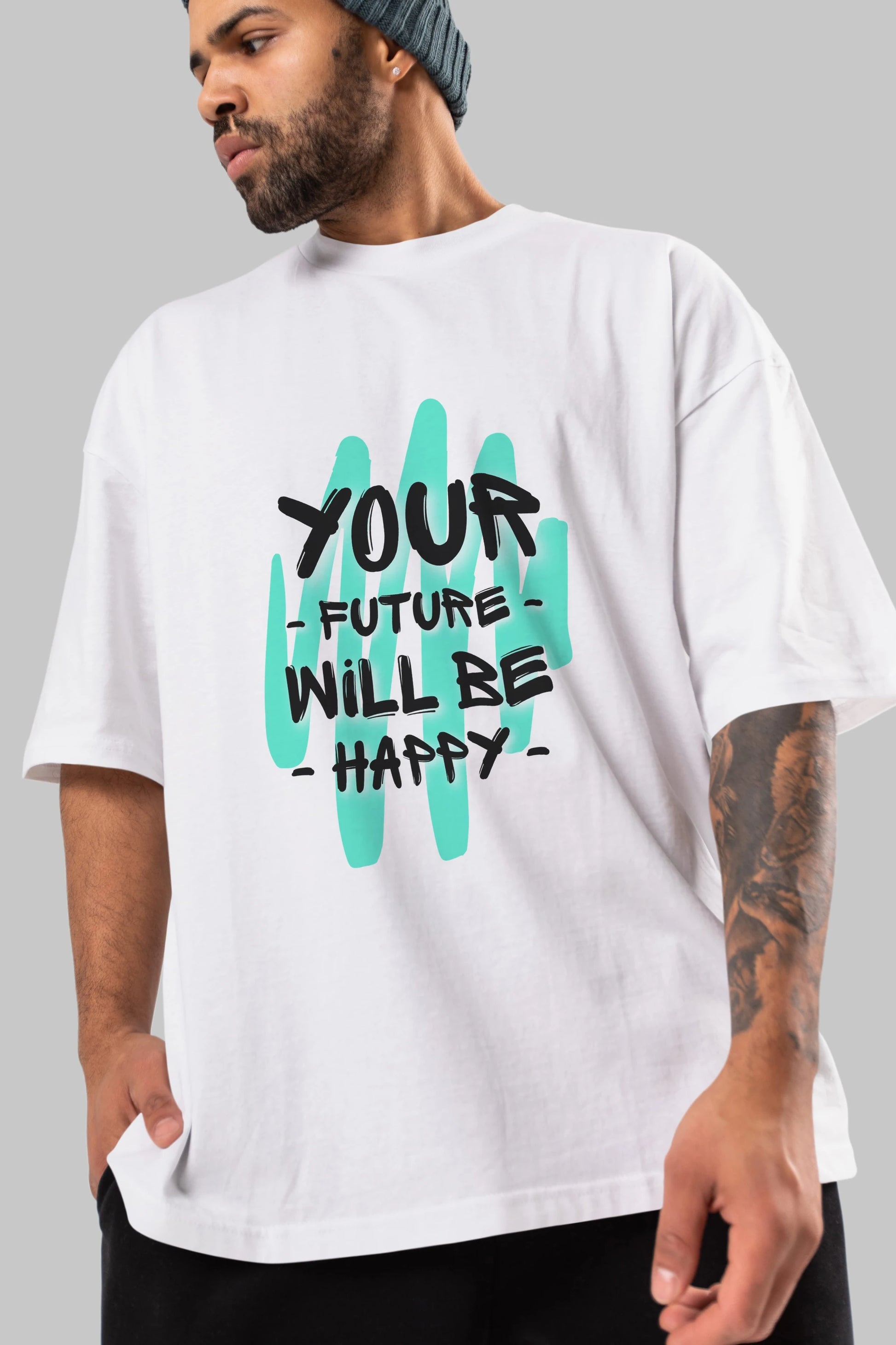 Your Future Will be Happy Yazılı Ön Baskılı Oversize t-shirt Erkek Kadın Unisex