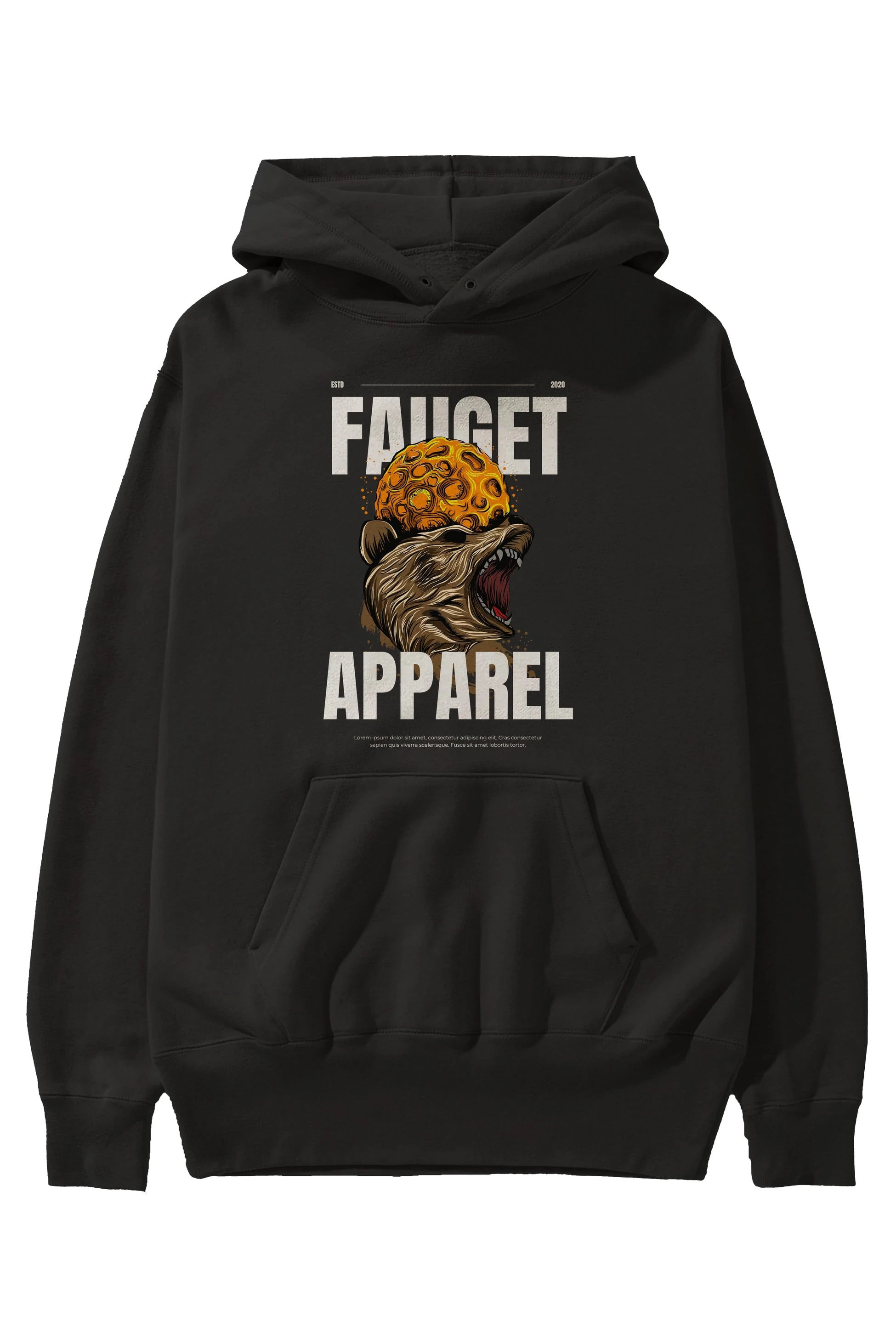 Bear Angry Fauget Apparel Ön Baskılı Oversize Hoodie Kapüşonlu Sweatshirt Erkek Kadın Unisex