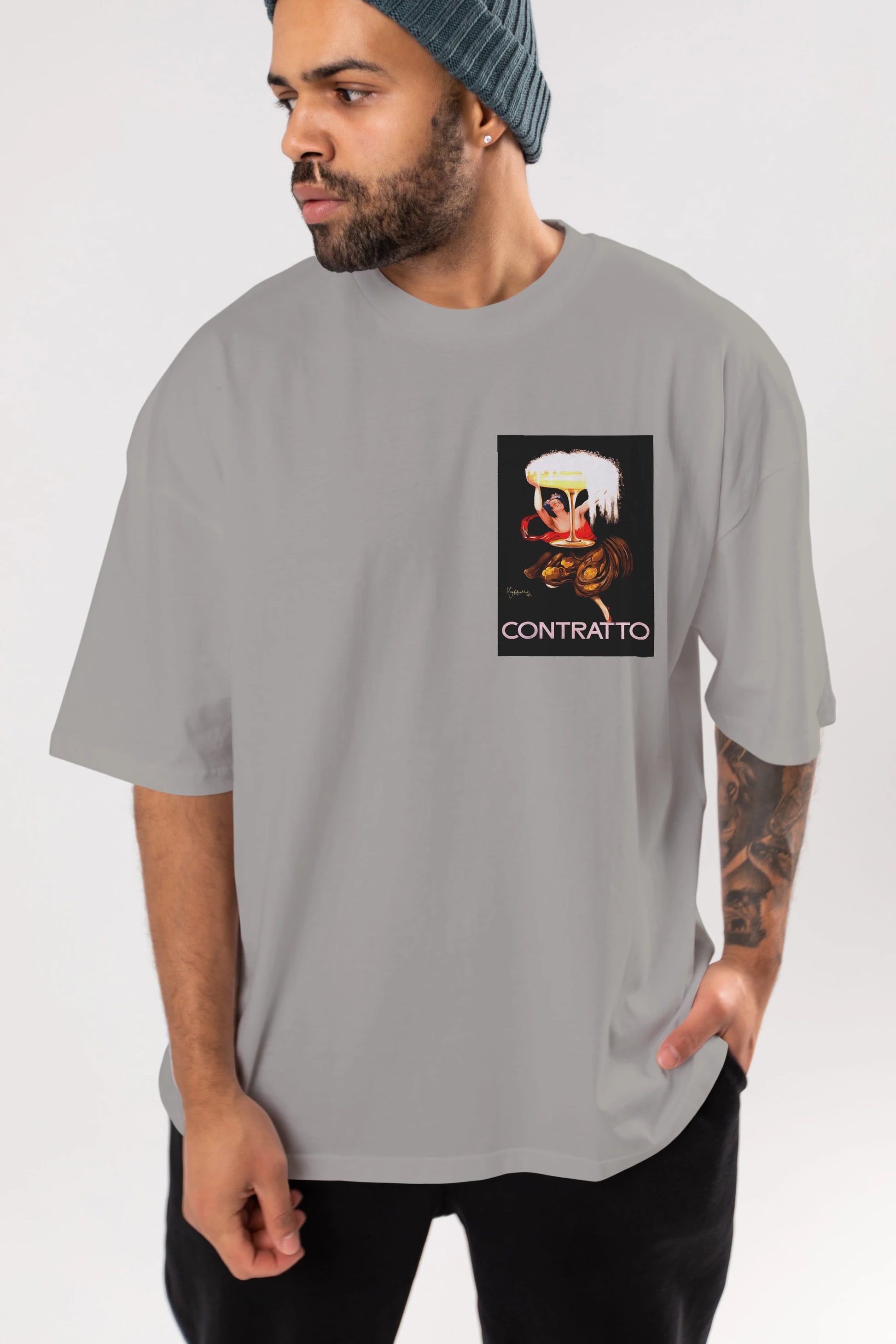 Contratto Ön Sol Baskılı Oversize t-shirt Erkek Kadın Unisex %100 Pamuk Bisiklet Yaka tişort