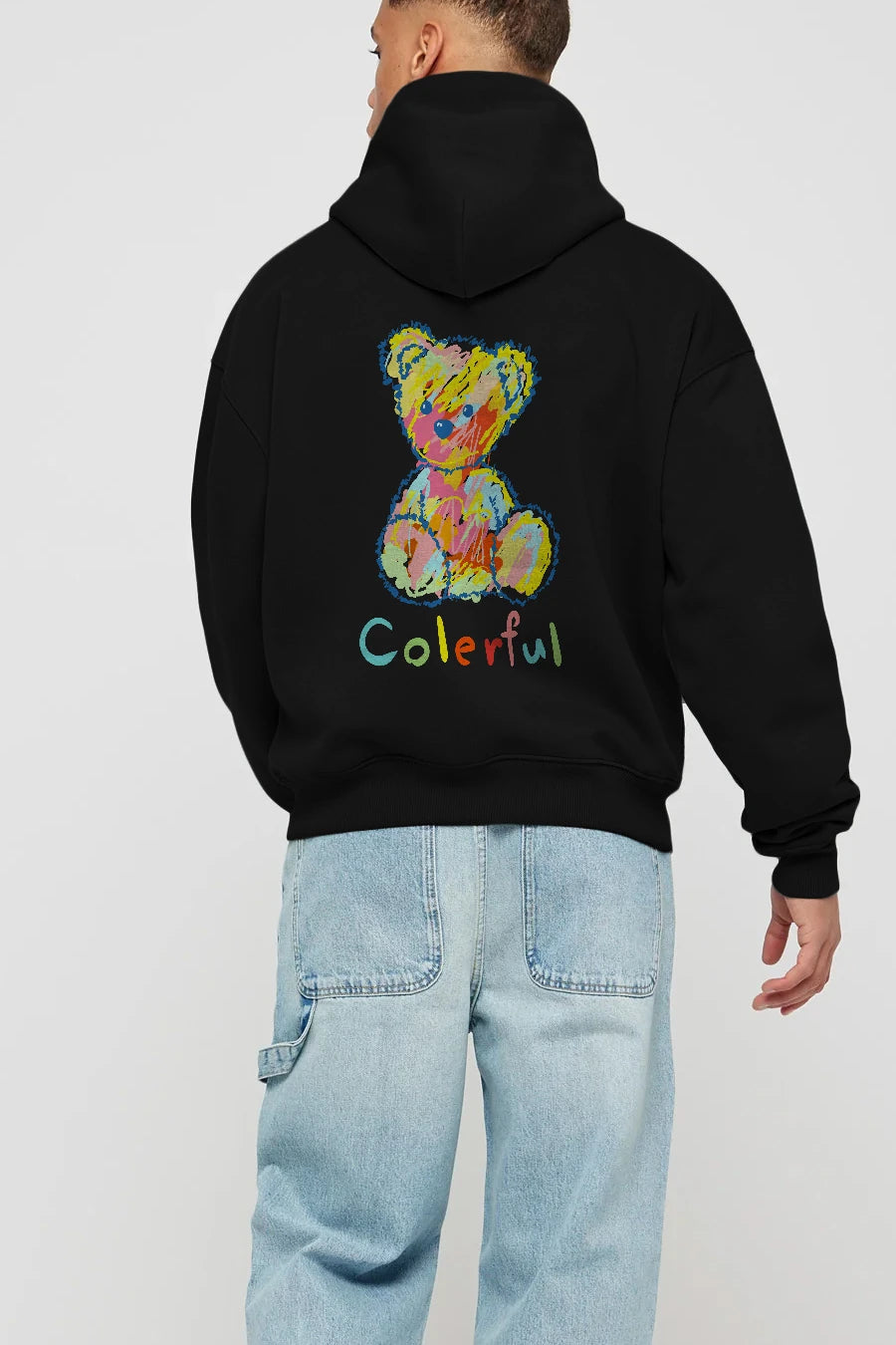 Colerful Bear Arka Baskılı Hoodie Oversize Kapüşonlu Sweatshirt Erkek Kadın Unisex