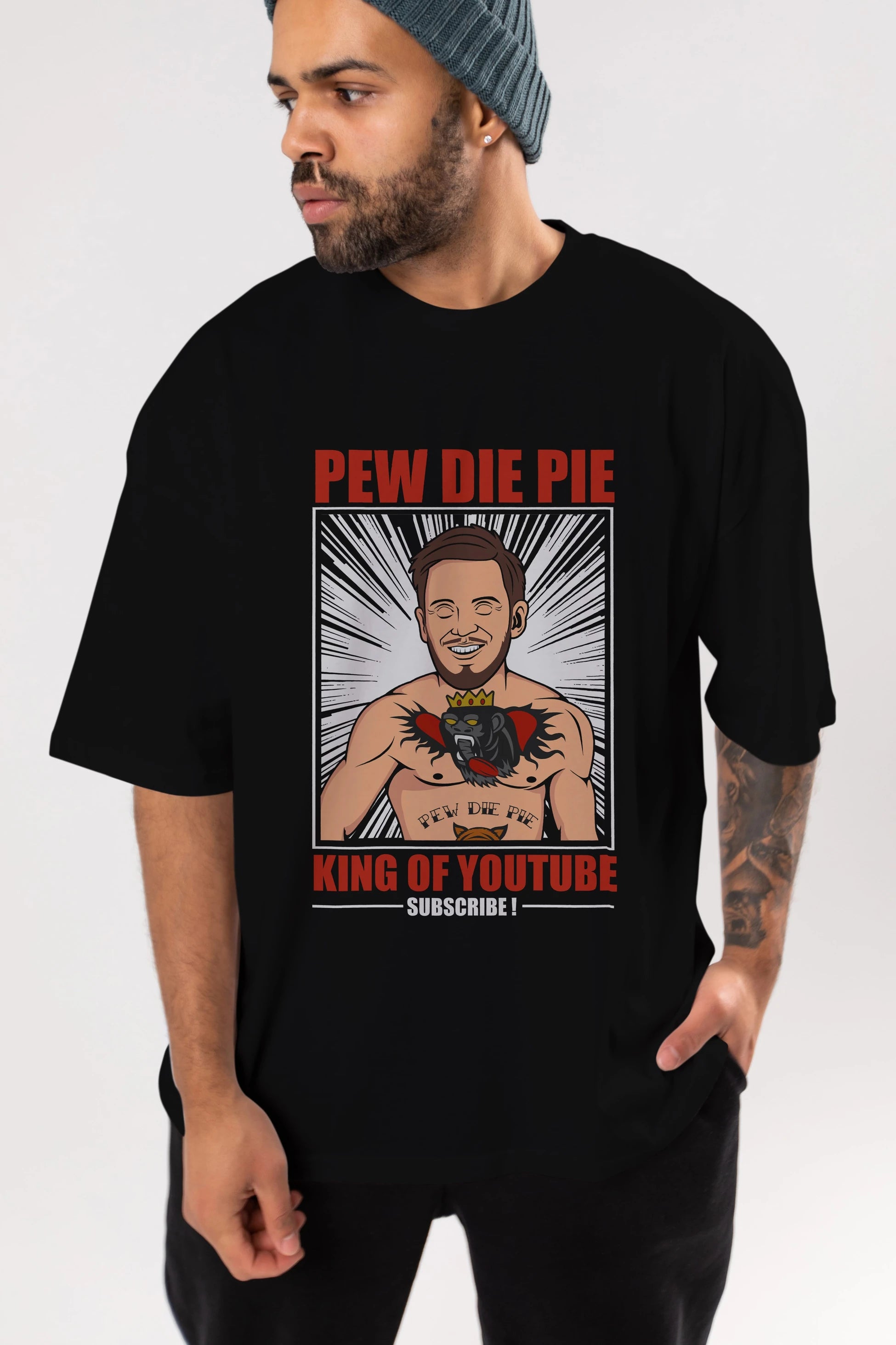 Pew Die Pie Fighter Ön Baskılı Oversize t-shirt Erkek Kadın Unisex %100 Pamuk tişort