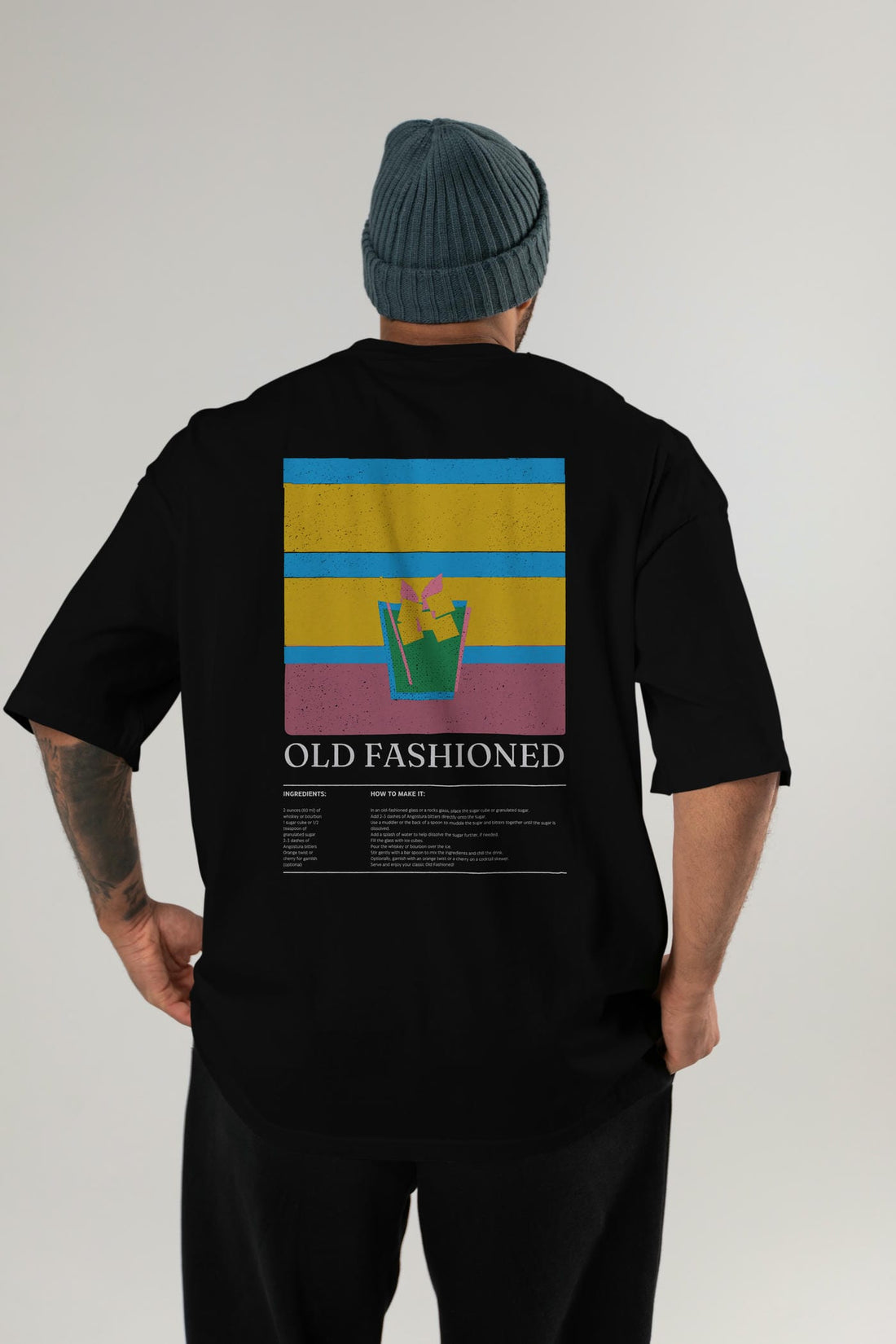 Old Fashioned Kokteyl Serisi Arka Baskılı Oversize t-shirt Erkek Kadın %100 Pamuk Bisiklet Yaka tişort