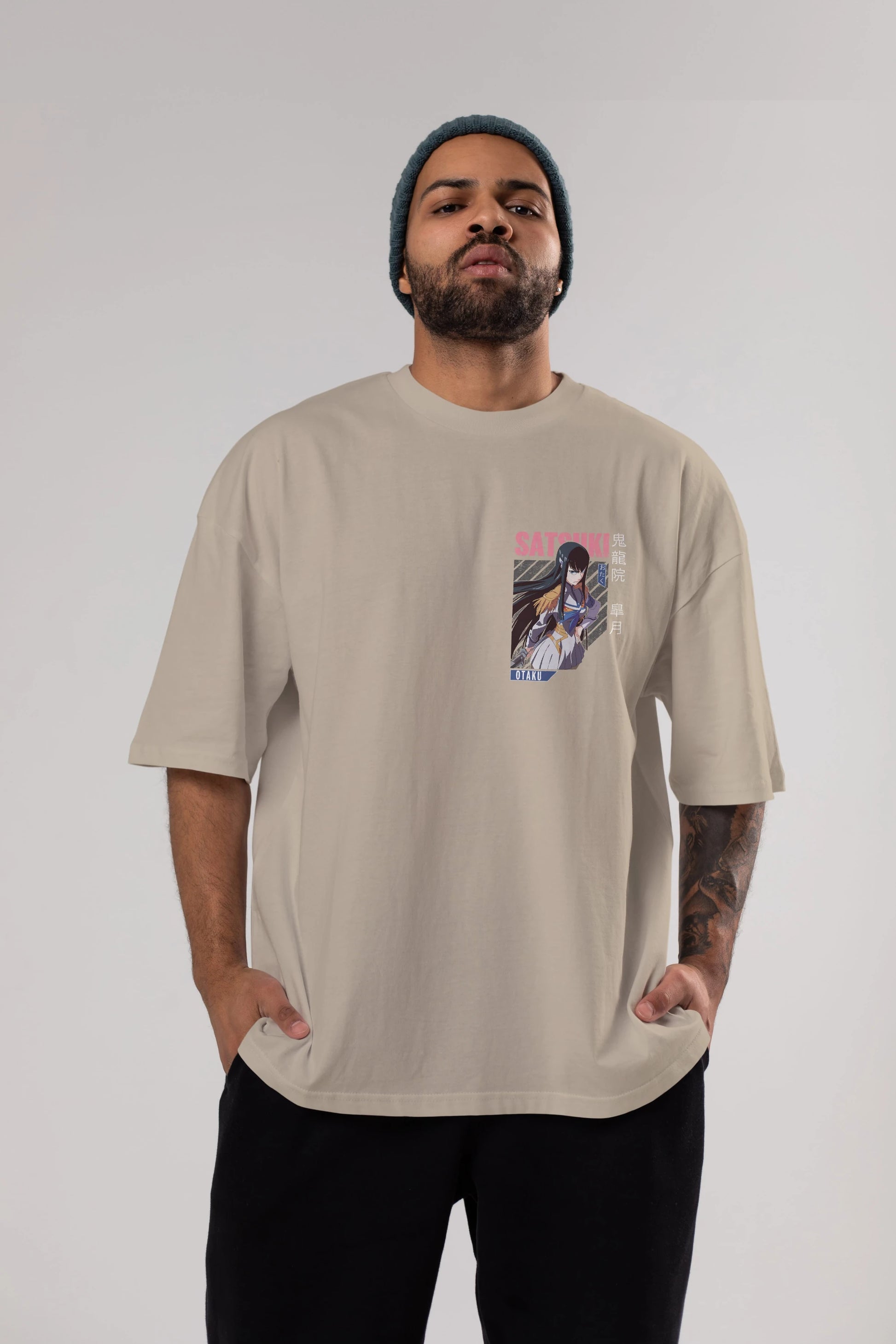 Satsuki Kiryuuin 8 Ön Sol Baskılı Oversize t-shirt Erkek Kadın Unisex %100 Pamuk Bisiklet Yaka tişort