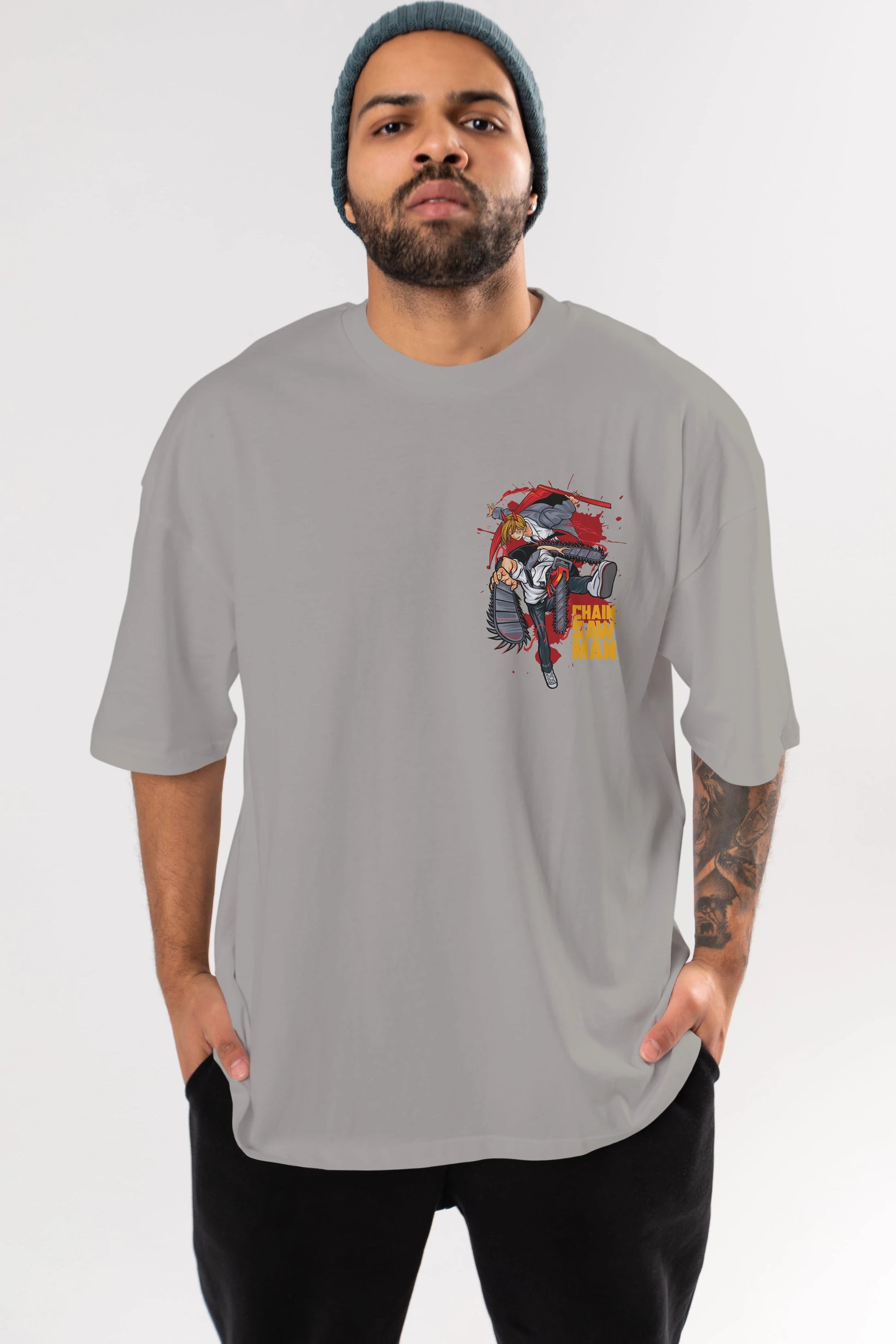 DENJI and POWER Ön Sol Baskılı Oversize t-shirt Erkek Kadın Unisex %100 Pamuk Bisiklet Yaka tişort