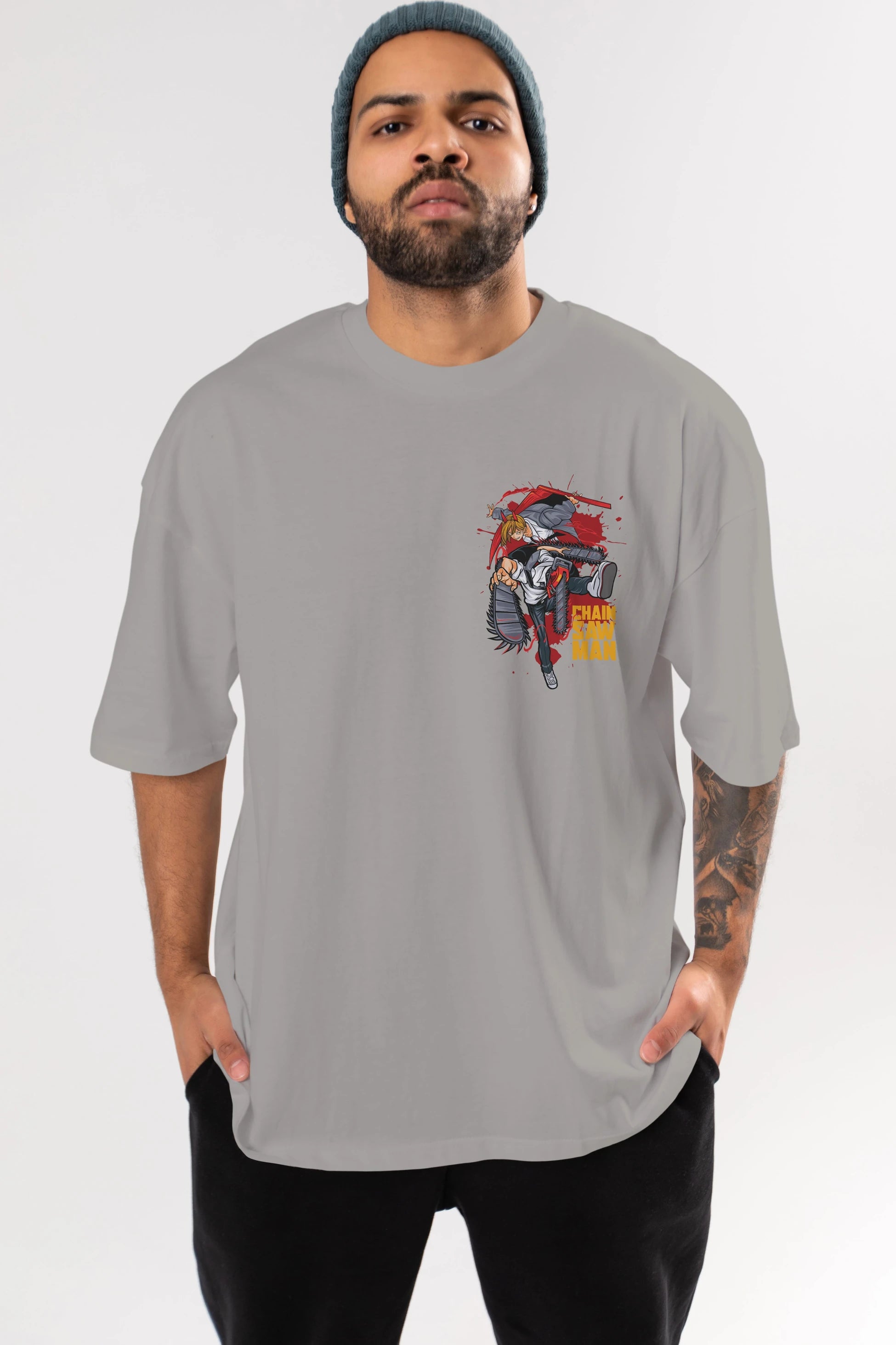 DENJI and POWER Ön Sol Baskılı Oversize t-shirt Erkek Kadın Unisex %100 Pamuk Bisiklet Yaka tişort
