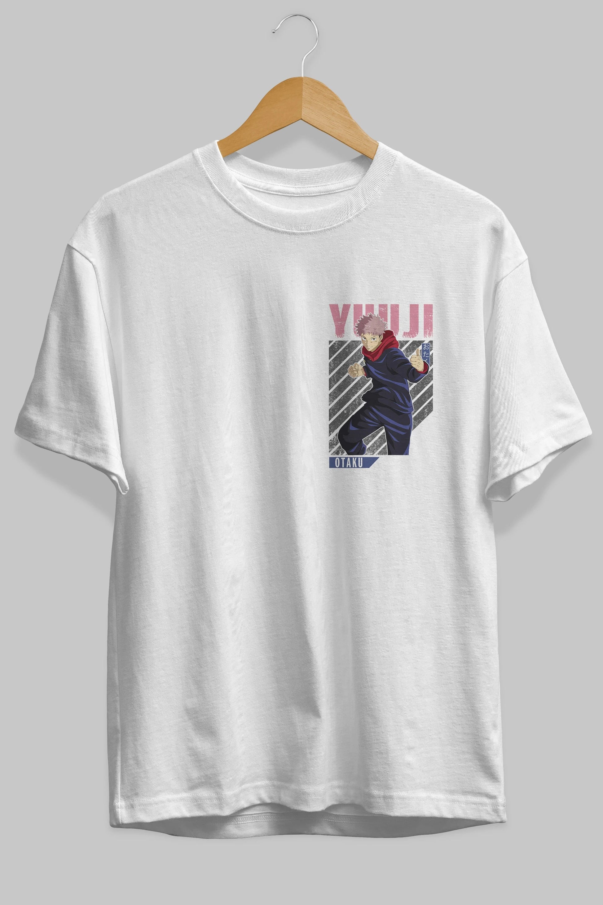 Yuuji Itadori Ön Sol Baskılı Oversize t-shirt Erkek Kadın Unisex %100 Pamuk Bisiklet Yaka tişort