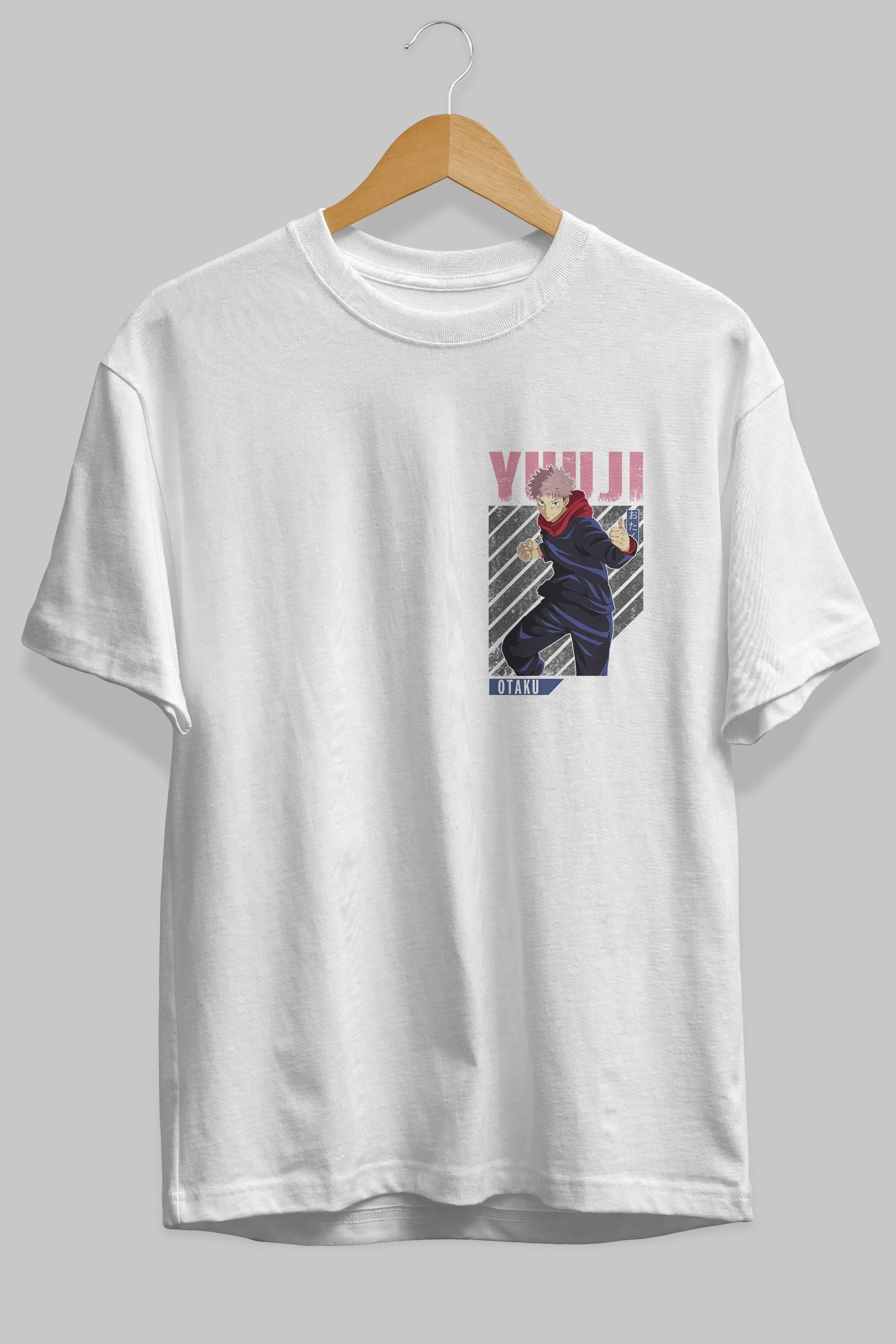Yuuji Itadori Ön Sol Baskılı Oversize t-shirt Erkek Kadın Unisex %100 Pamuk Bisiklet Yaka tişort