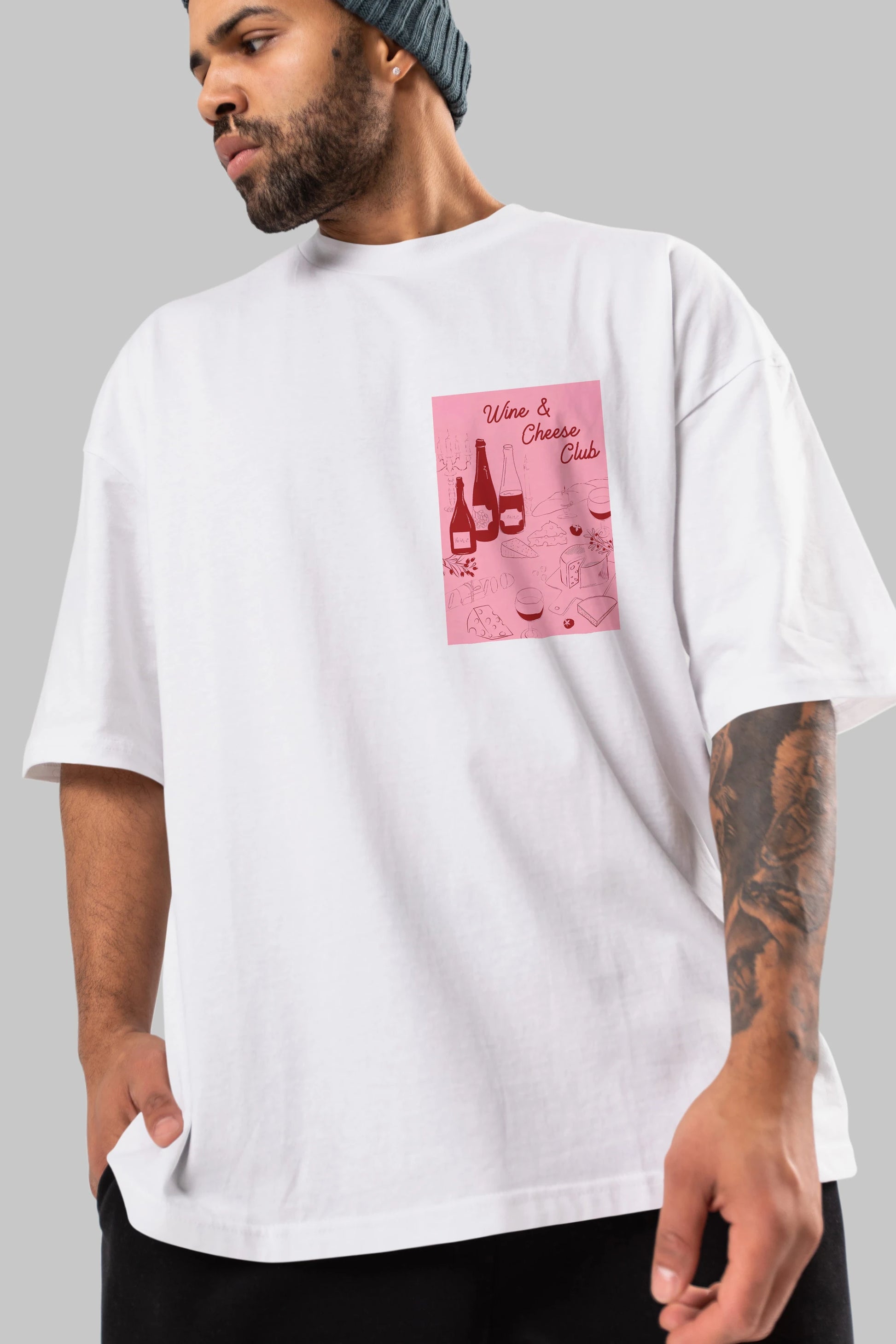 Wine Cheese Club Ön Sol Baskılı Oversize t-shirt Erkek Kadın Unisex %100 Pamuk Bisiklet Yaka tişort