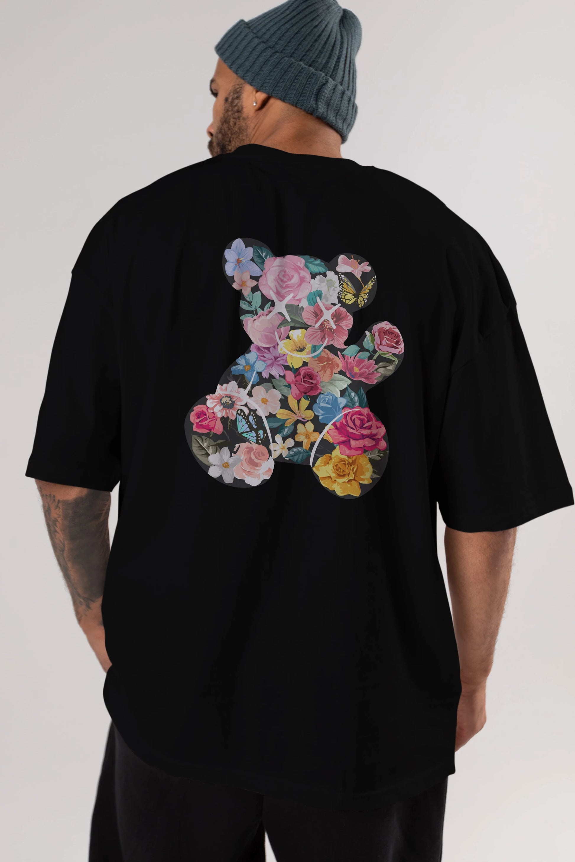 Flowers Bear Arka Baskılı Oversize t-shirt Erkek Kadın Unisex