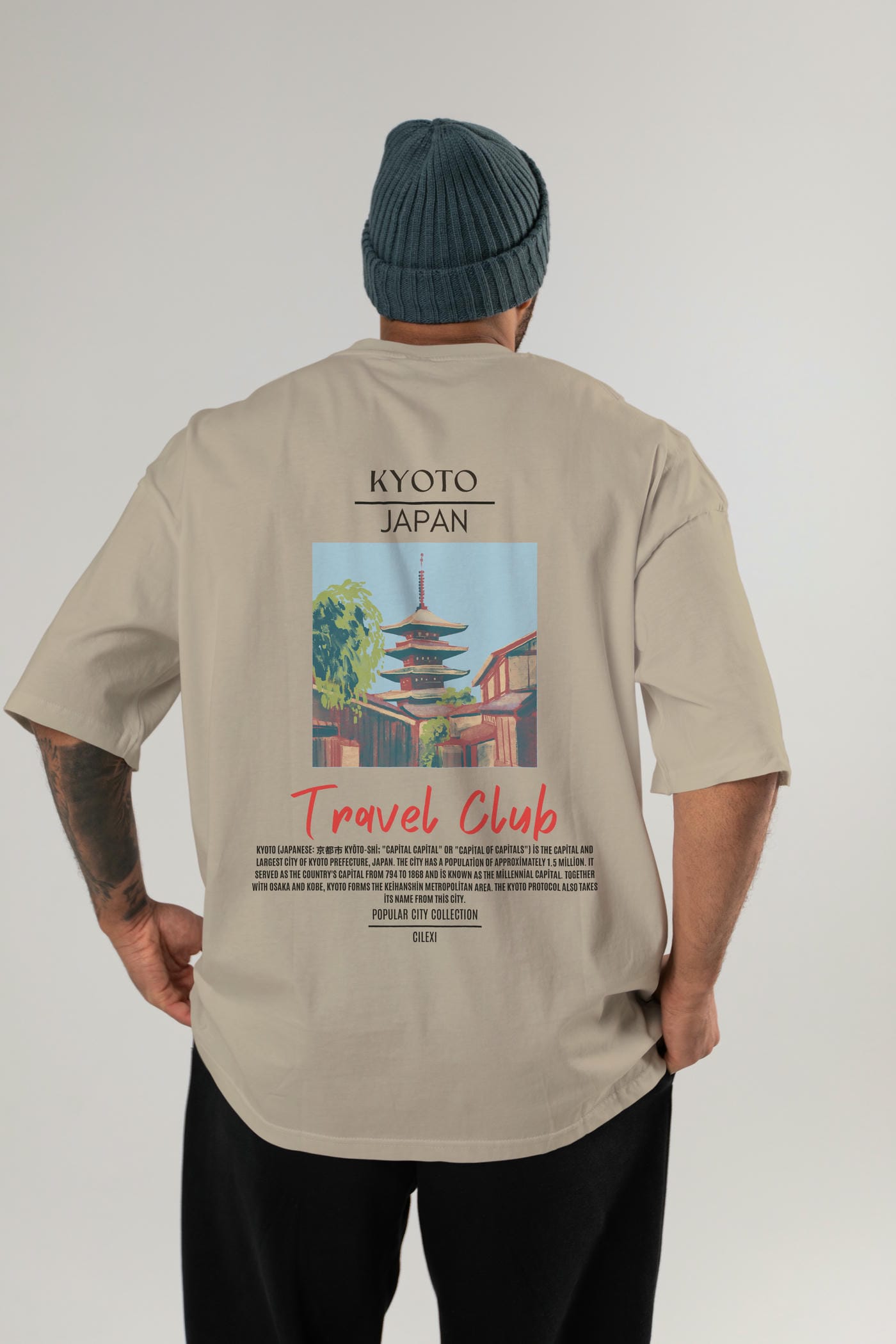 Kyoto Japan Arka Baskılı Oversize t-shirt Erkek Kadın Pamuk Bisiklet Yaka tişort