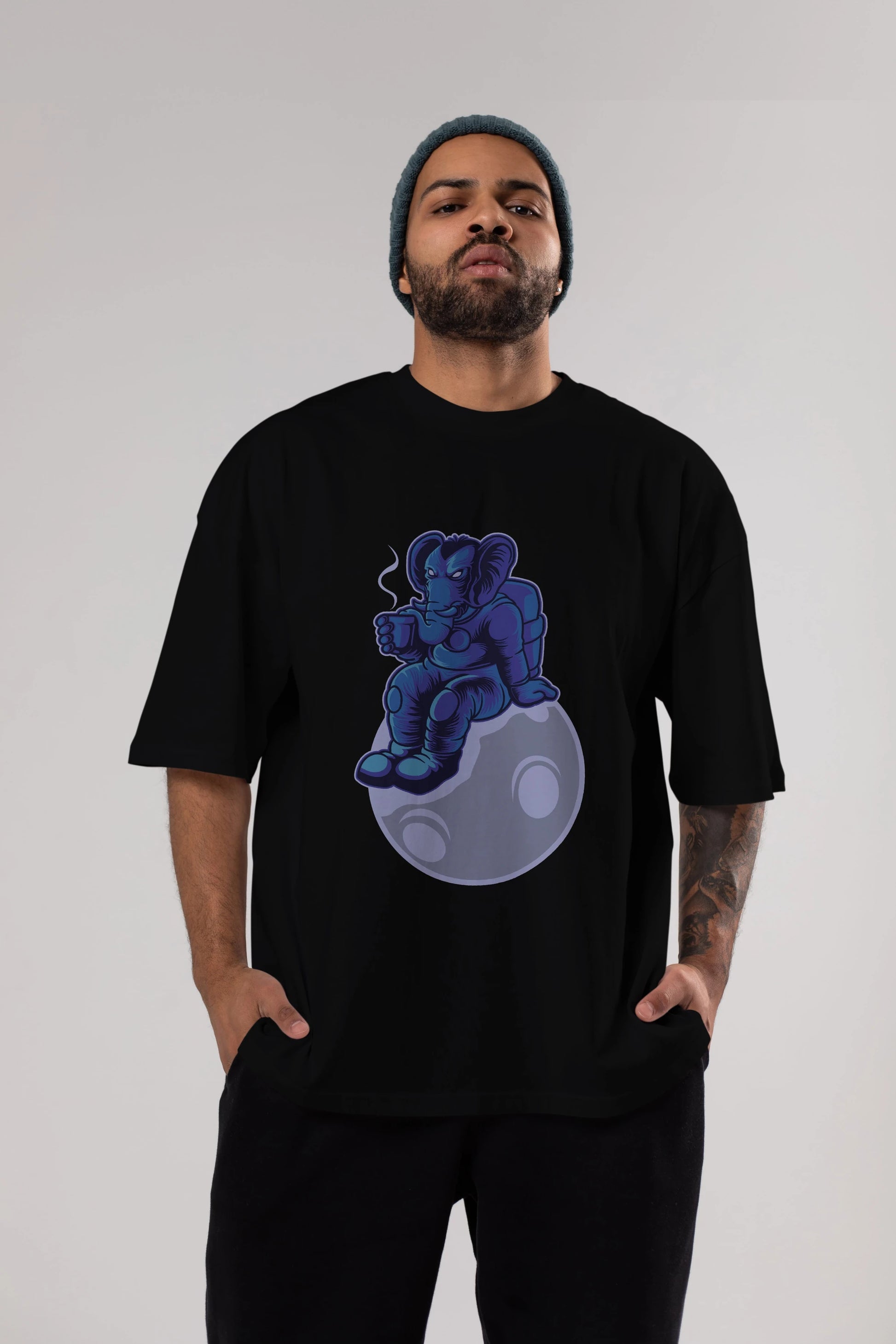 Space Elephant Drink Coffee Ön Baskılı Oversize t-shirt Erkek Kadın Unisex