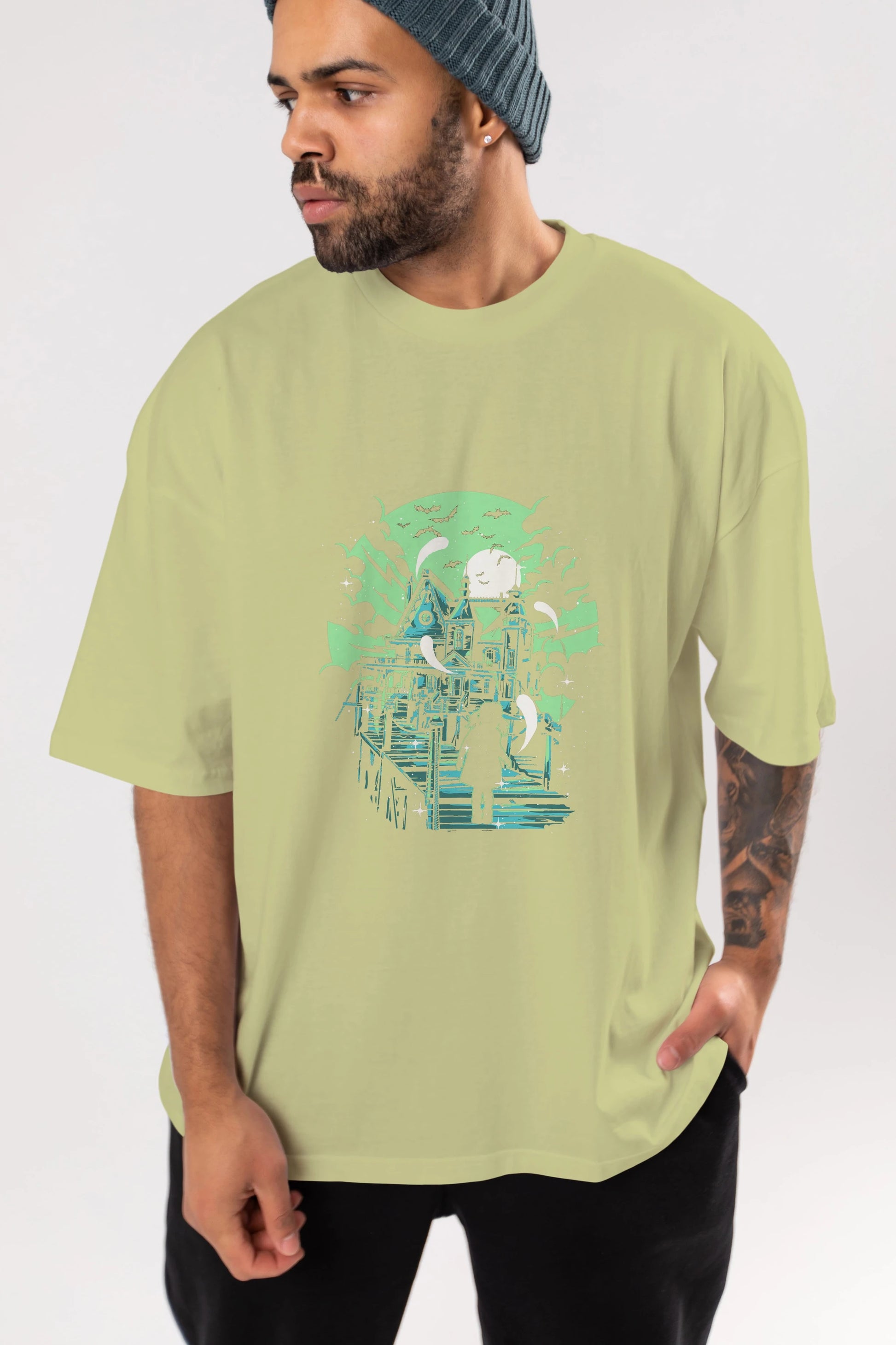 Haunted House Ön Baskılı Oversize t-shirt Erkek Kadın Unisex %100 Pamuk tişort