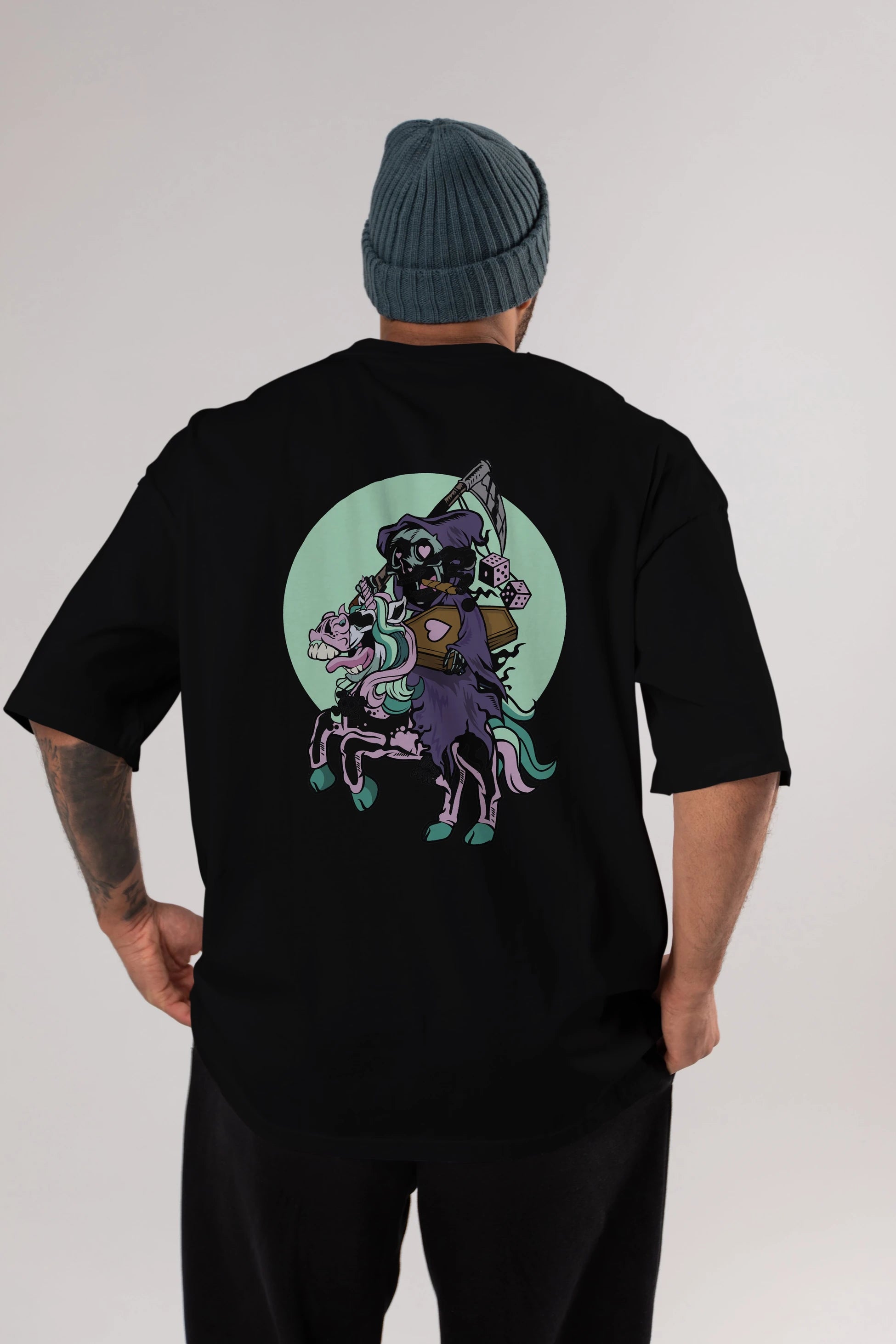 Grim Reaper Riding Unicorn Arka Baskılı Oversize t-shirt Erkek Kadın Unisex %100 Pamuk tişort
