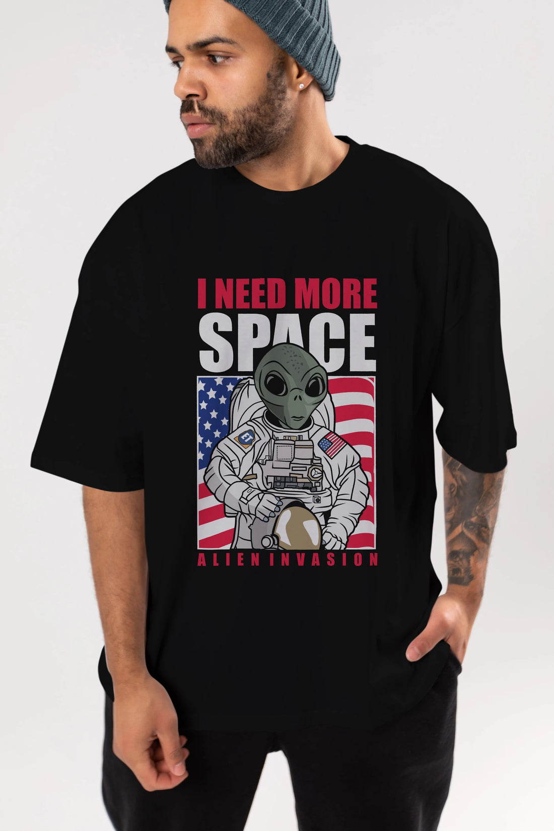 Alien Astronaut Ön Baskılı Oversize t-shirt Erkek Kadın Unisex %100 Pamuk tişort