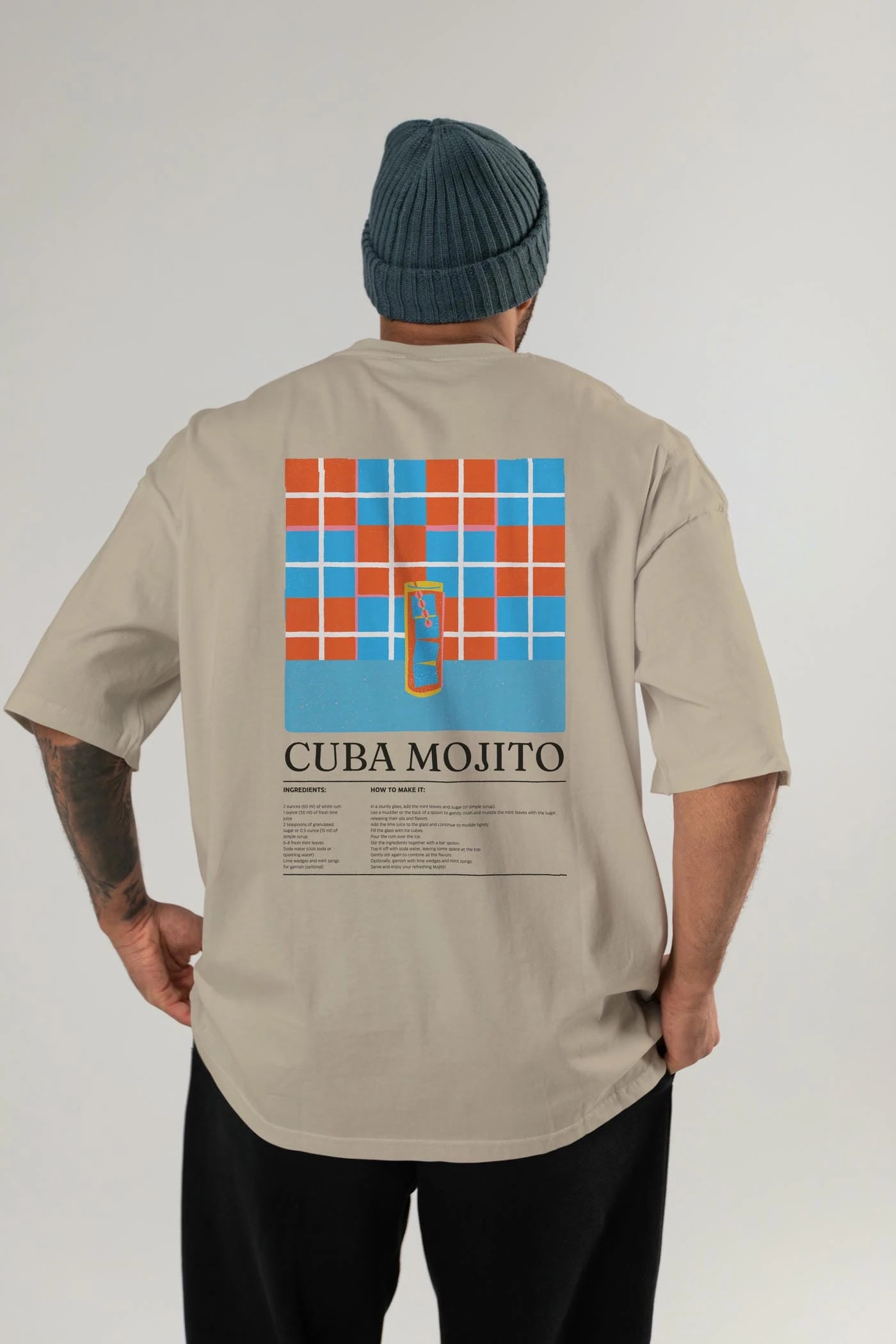 Cuba Mojıto Kokteyl Serisi Arka Baskılı Oversize t-shirt Erkek Kadın %100 Pamuk Bisiklet Yaka tişort