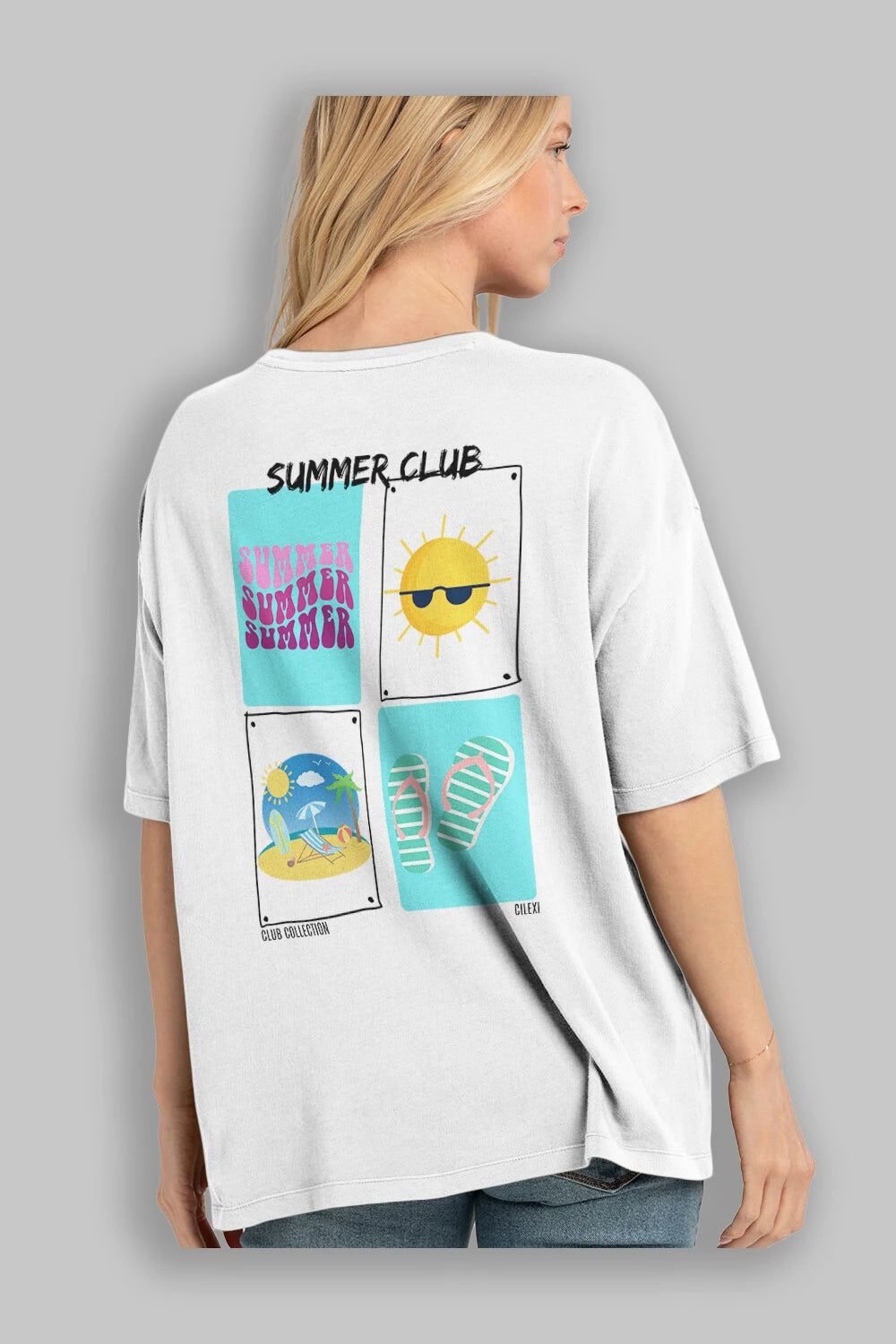 Summer Club Arka Baskılı Oversize t-shirt Erkek Kadın %100 Pamuk Bisiklet Yaka tişort