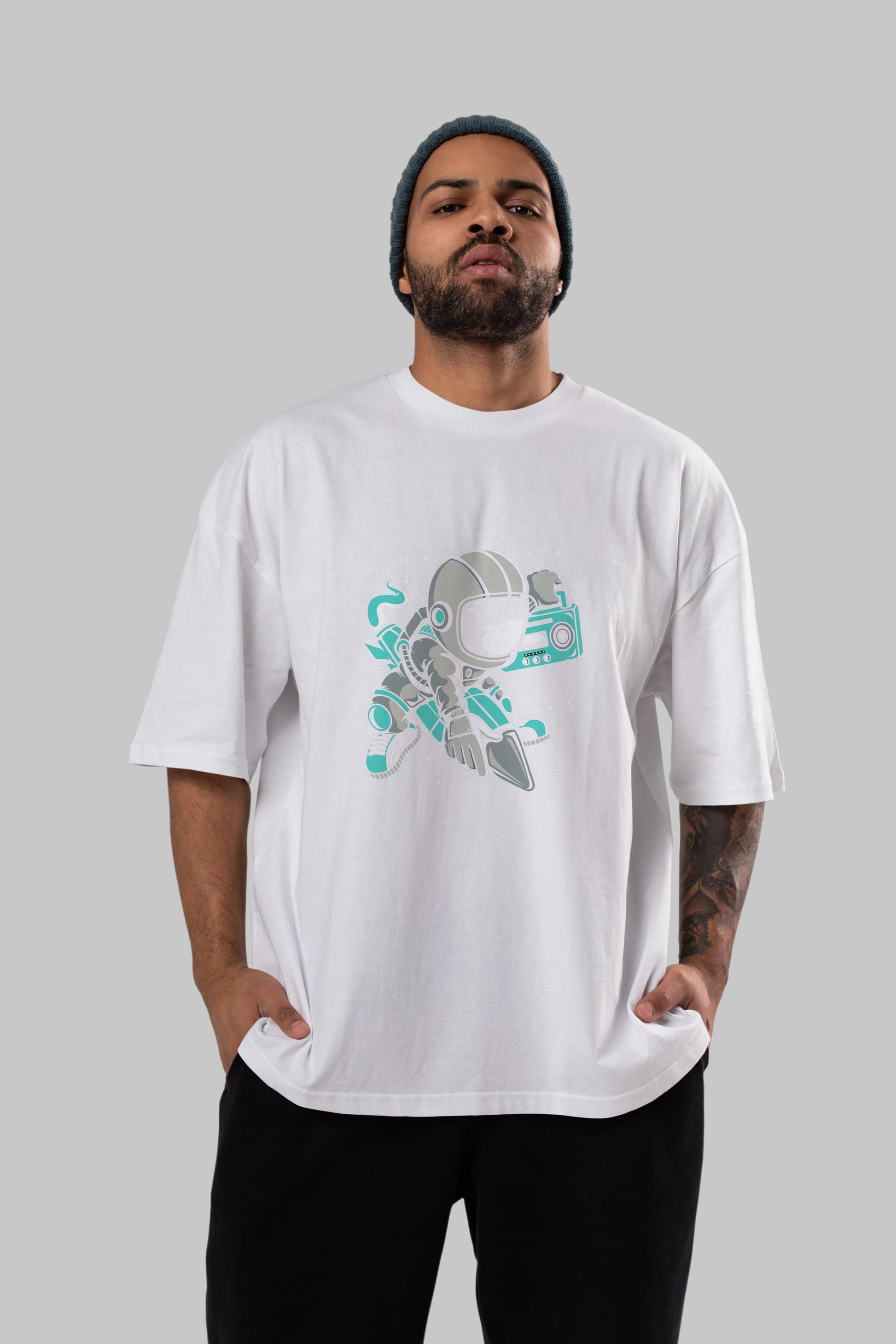 Astronaut Rocket (2) Ön Baskılı Oversize t-shirt Erkek Kadın Unisex