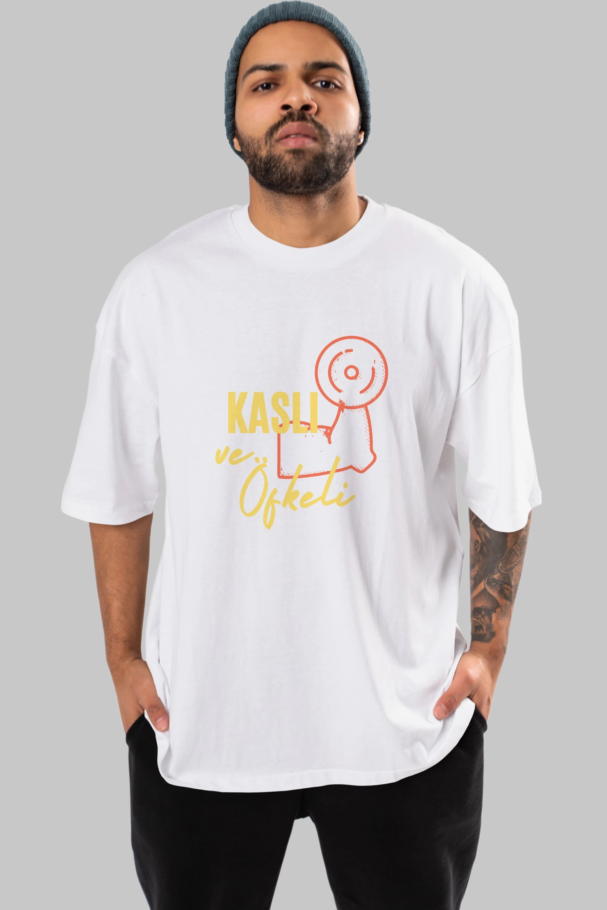 Kaslı ve Öfkeli Yazılı Ön Baskılı Oversize t-shirt Erkek Kadın Unisex