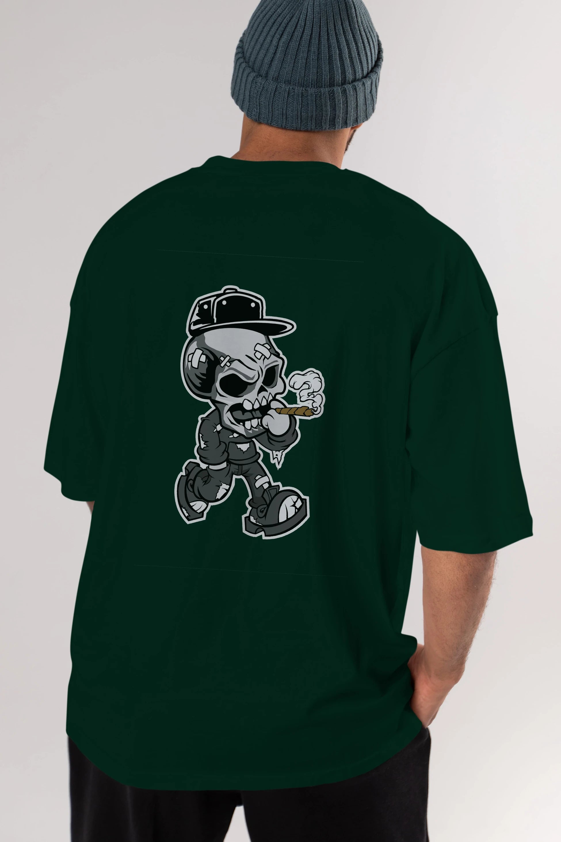 Skull Smoker Arka Baskılı Oversize t-shirt Erkek Kadın Unisex %100 Pamuk tişort