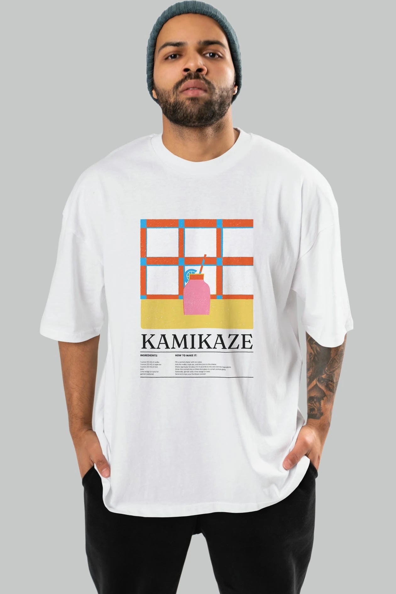 Kamikaze Kokteyl Ön Baskılı Oversize t-shirt Erkek Kadın %100 Pamuk Bisiklet Yaka tişort