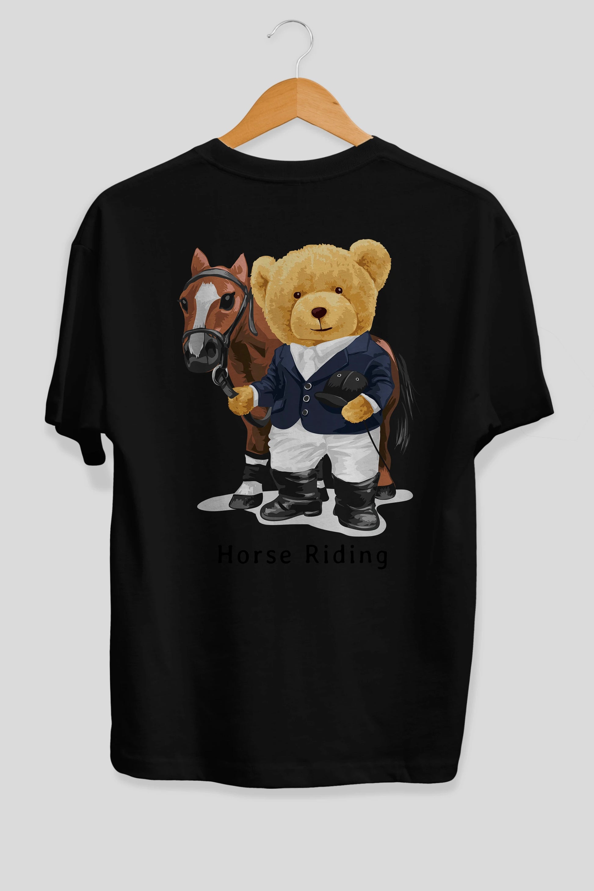 Teddy Bear Horse Riding Arka Baskılı Oversize t-shirt Erkek Kadın Unisex %100 Pamuk