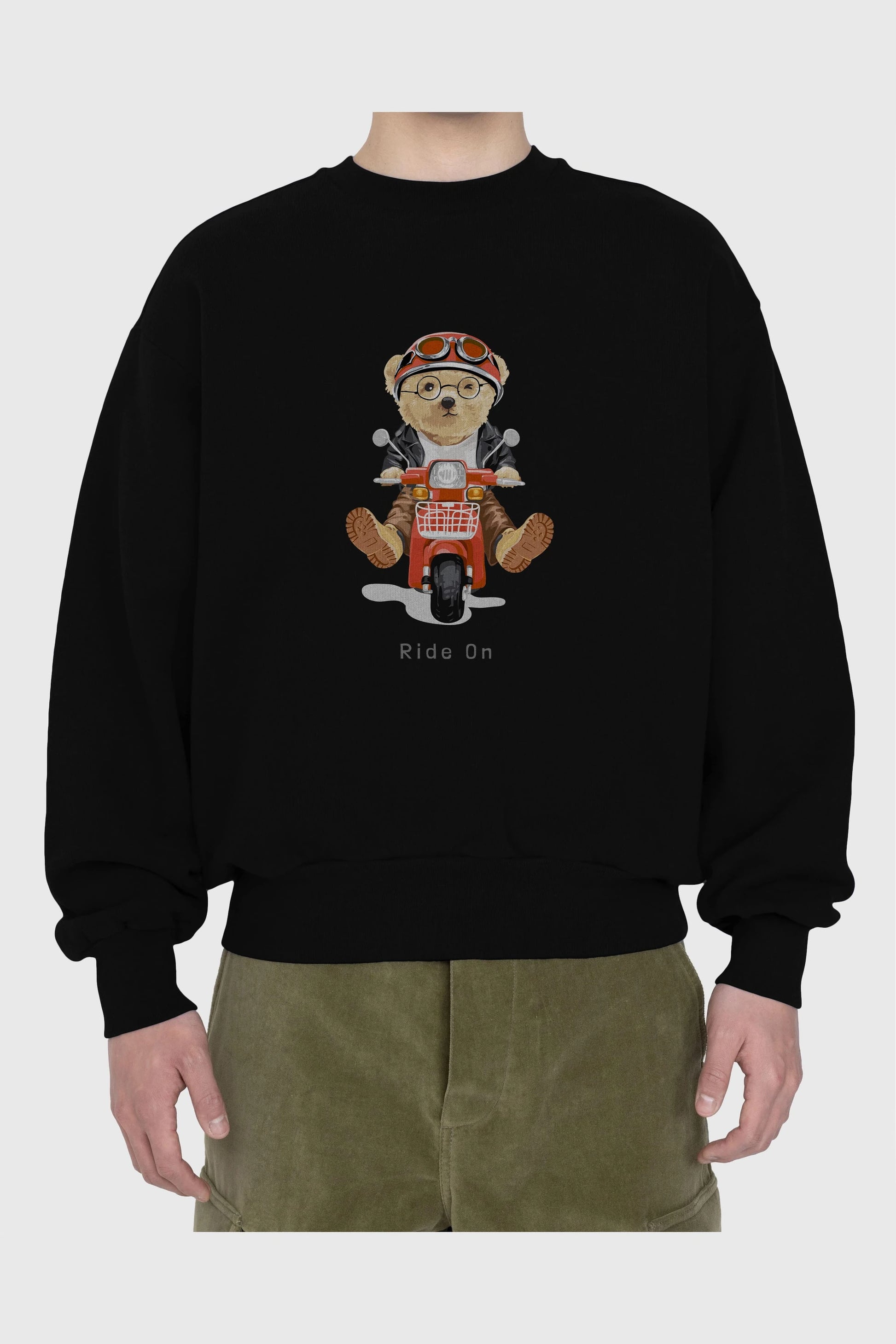 Teddy Bear Ride On Ön Baskılı Oversize Sweatshirt Erkek Kadın Unisex