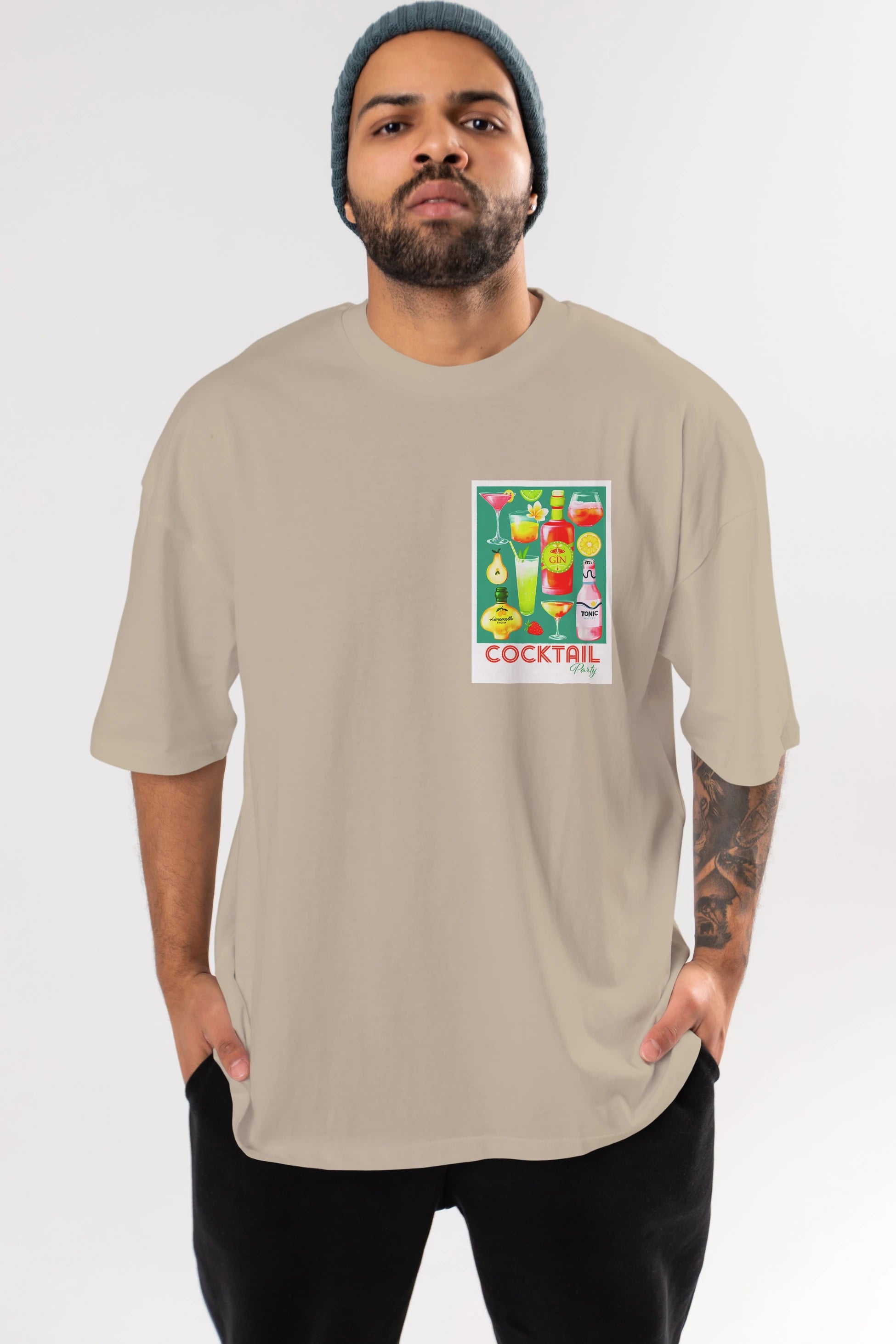 Cocktail Party 2 Ön Sol Baskılı Oversize t-shirt Erkek Kadın Unisex %100 Pamuk Bisiklet Yaka tişort