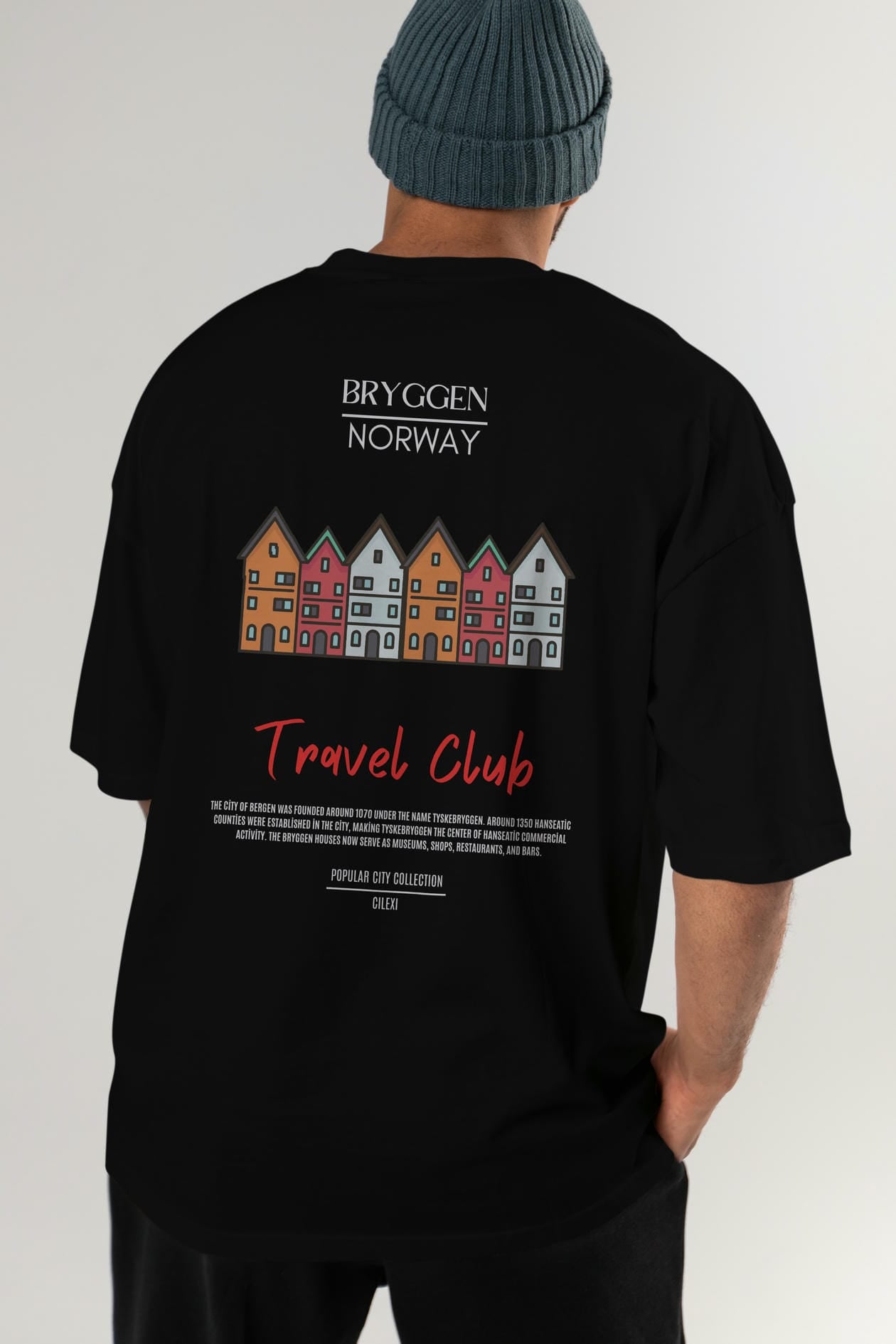 Bryggen Norway Arka Baskılı Oversize t-shirt Erkek Kadın Pamuk Bisiklet Yaka tişort