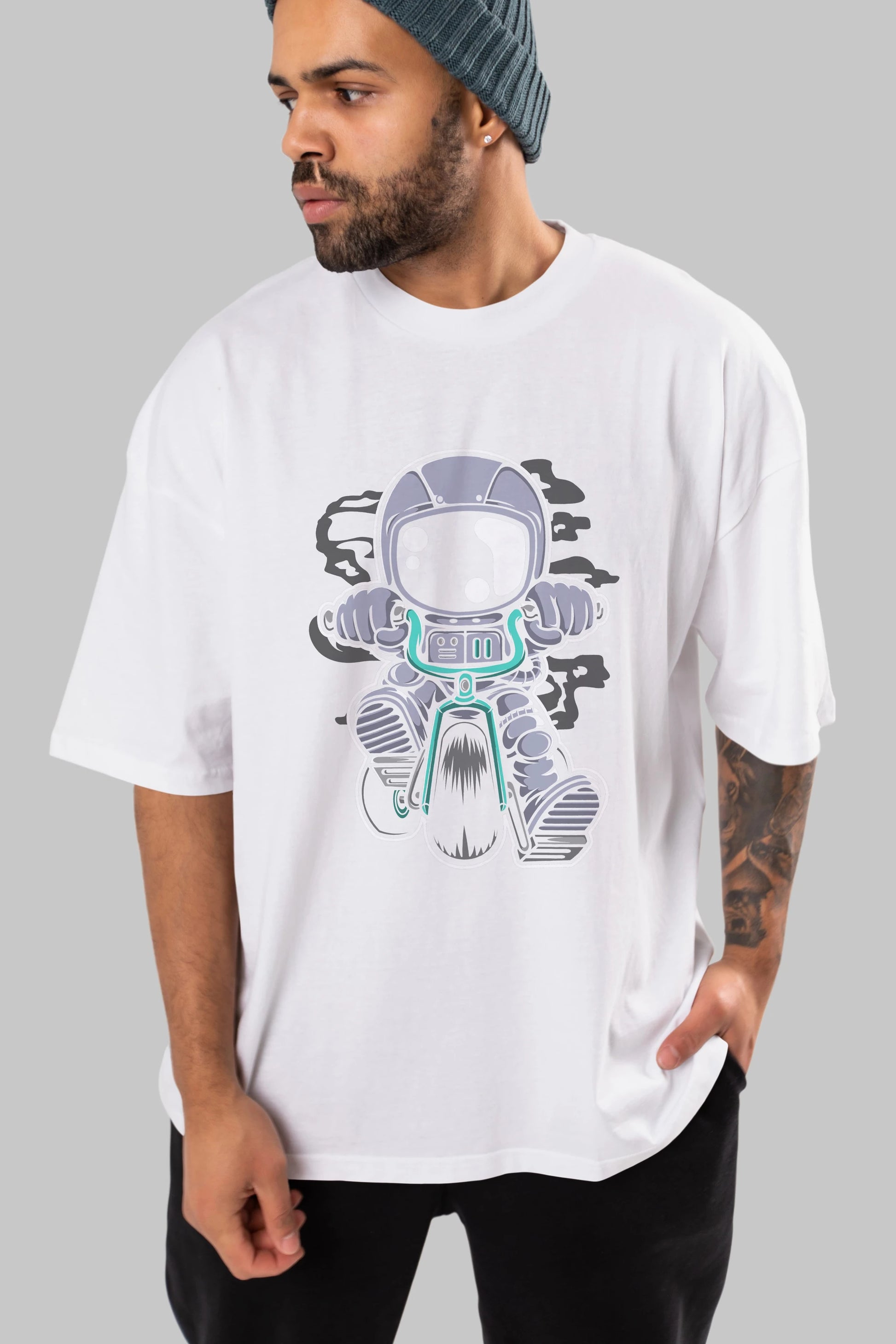 Astronaut Biker Ön Baskılı Oversize t-shirt Erkek Kadın Unisex