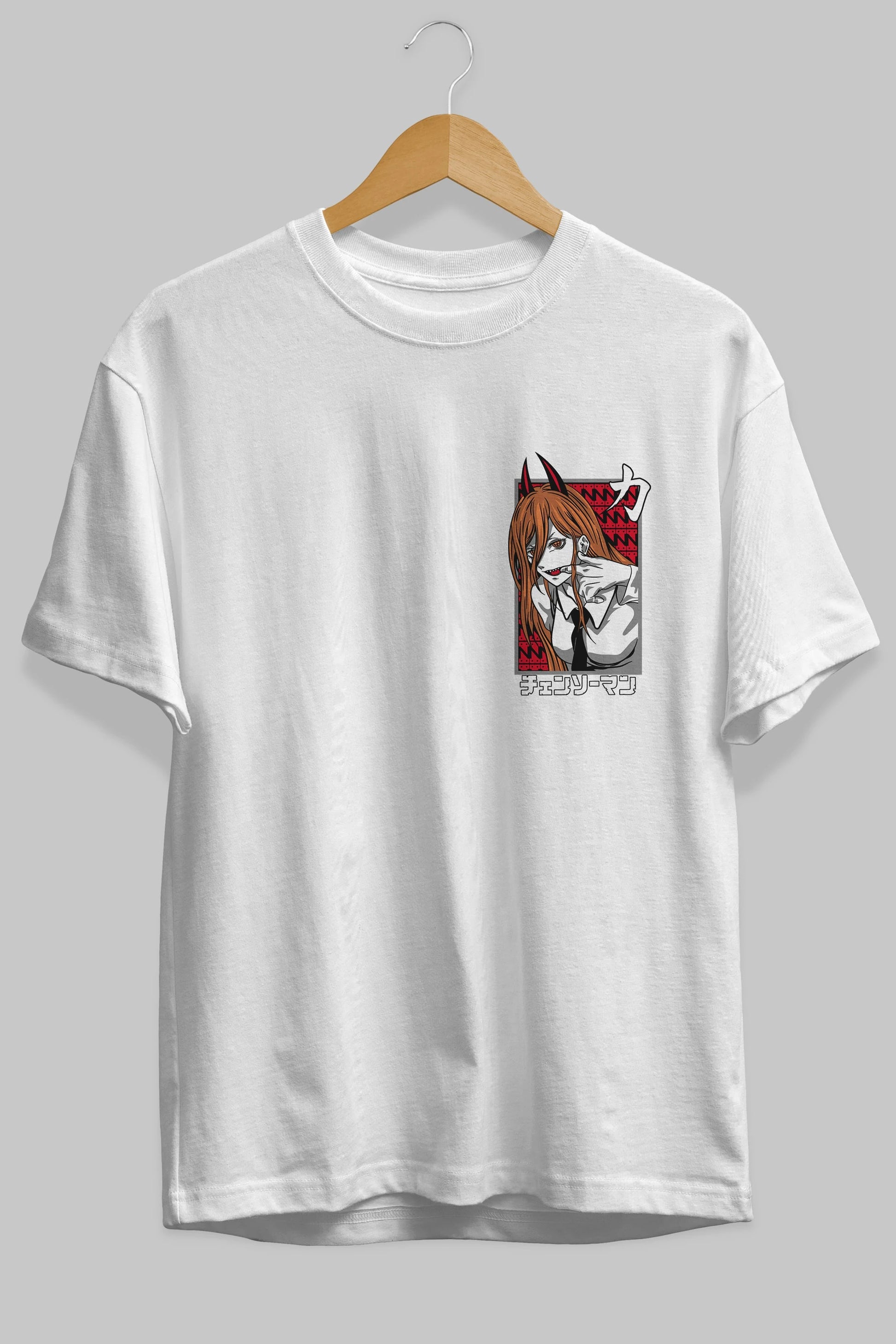 CHAINSAWMAN POWER Ön Sol Baskılı Oversize t-shirt Erkek Kadın Unisex %100 Pamuk Bisiklet Yaka tişort