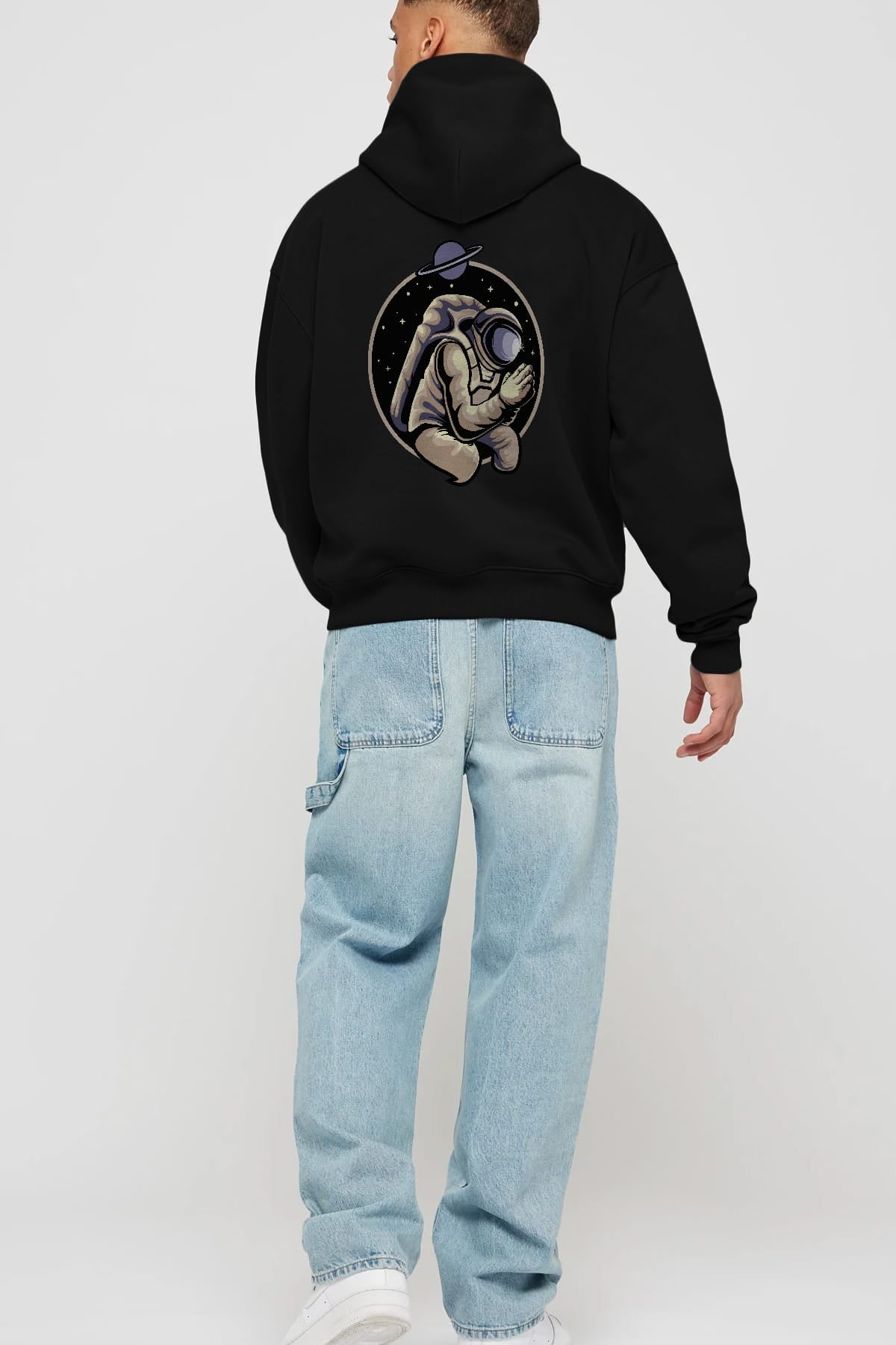 Astronaut Praying Arka Baskılı Hoodie Oversize Kapüşonlu Sweatshirt Erkek Kadın Unisex