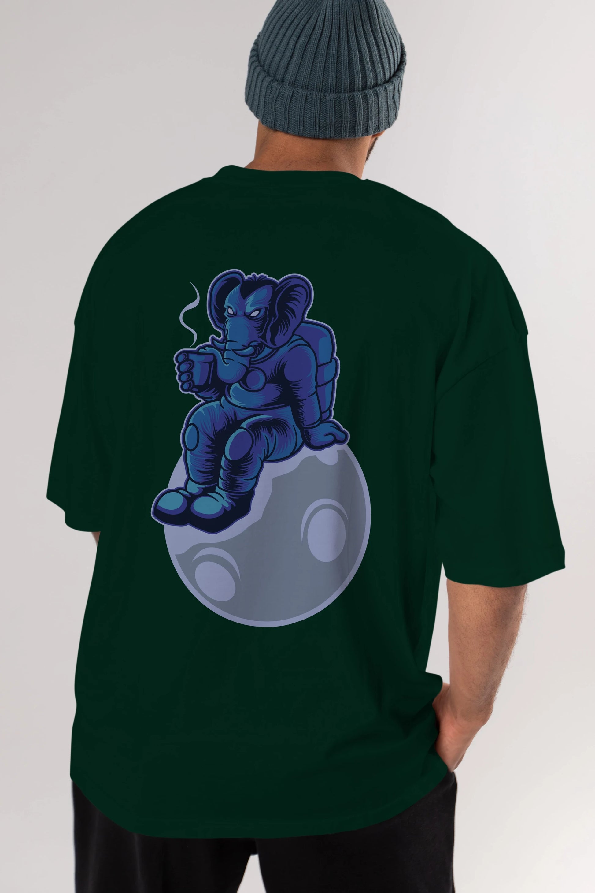 Space Elephant Drink Coffee Arka Baskılı Oversize t-shirt Erkek Kadın Unisex