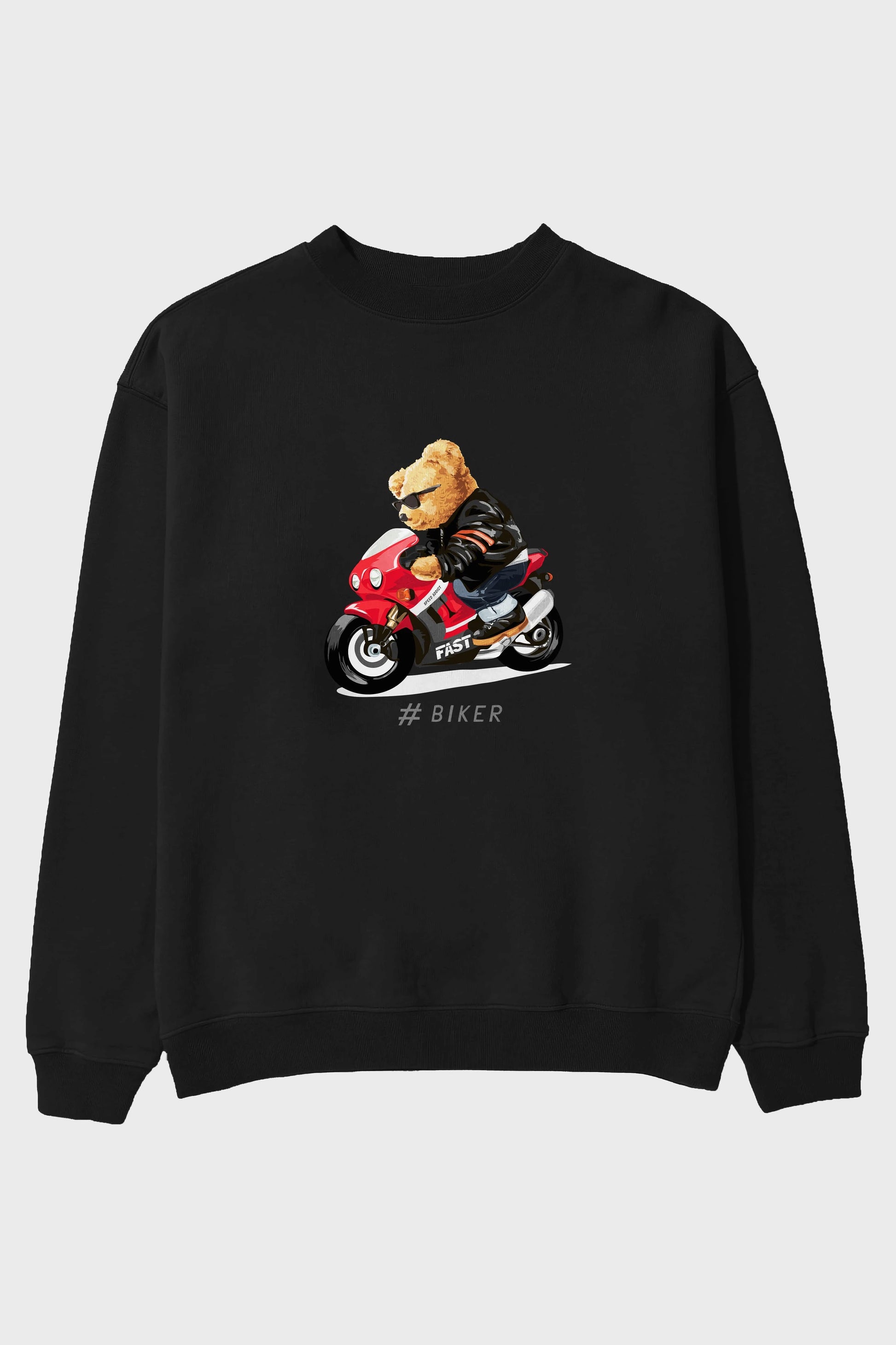 Teddy Bear Biker Ön Baskılı Oversize Sweatshirt Erkek Kadın Unisex