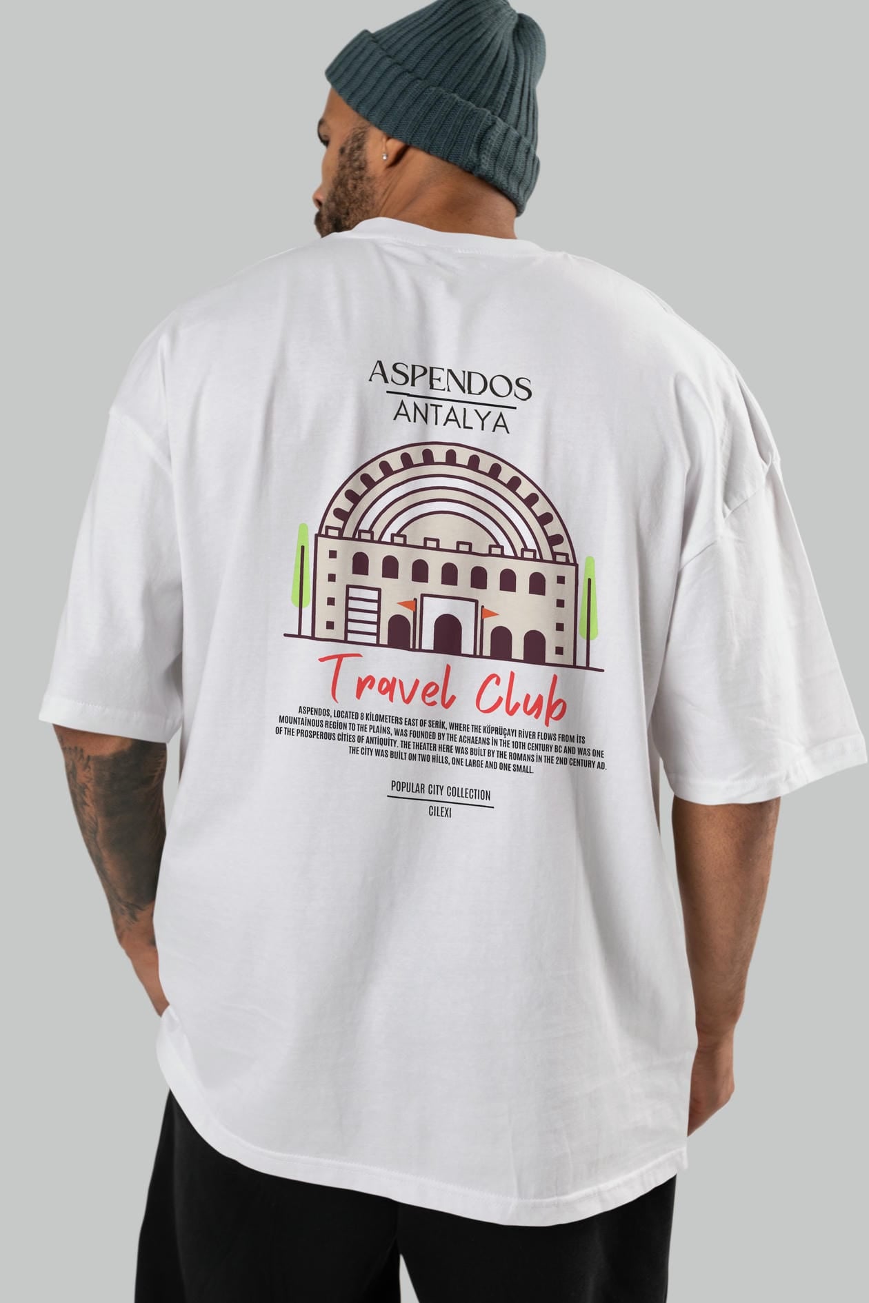 Aspendos Antalya Arka Baskılı Oversize t-shirt Erkek Kadın Pamuk Bisiklet Yaka tişort