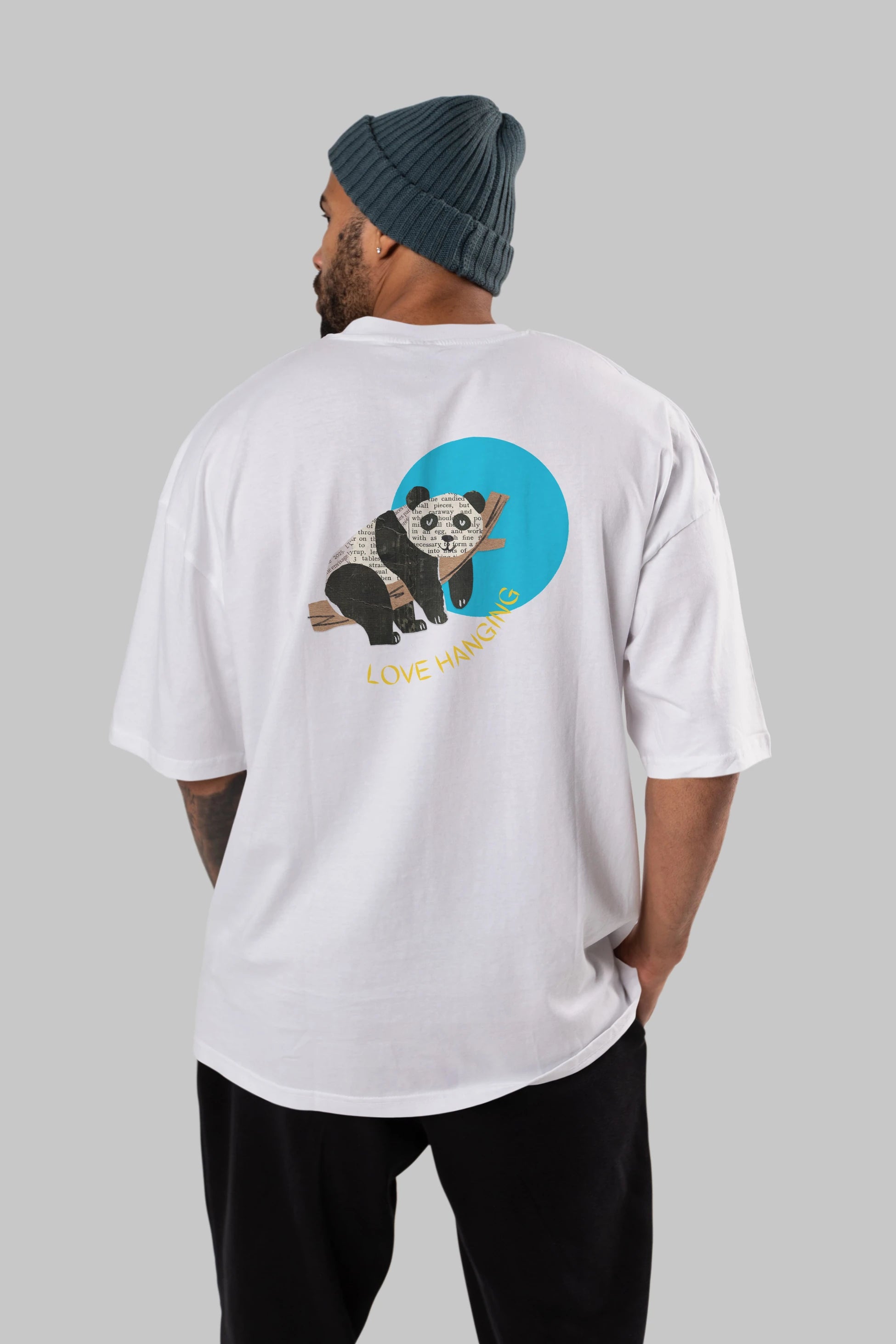 Panda Love Hanging Arka Baskılı Oversize t-shirt Erkek Kadın Unisex
