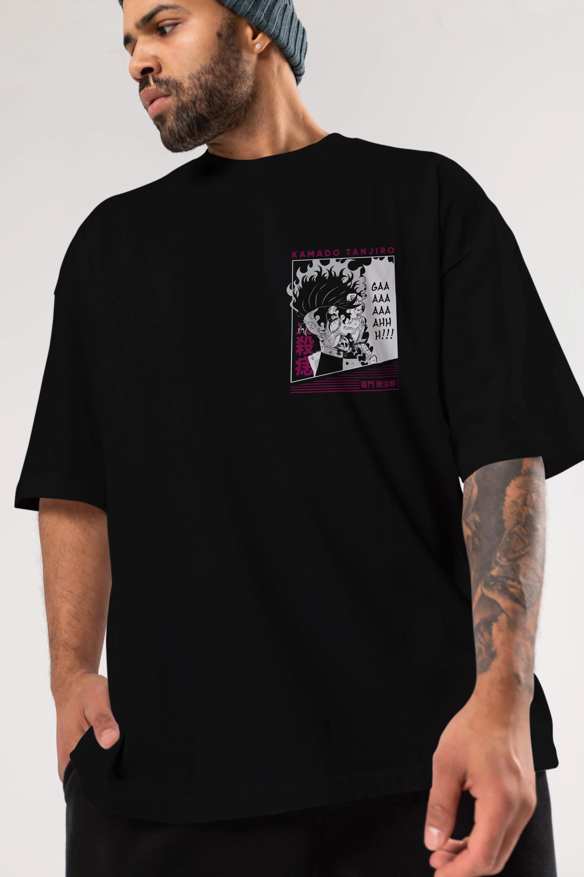 TANJIRO KAMADO 3 Ön Sol Baskılı Oversize t-shirt Erkek Kadın Unisex %100 Pamuk Bisiklet Yaka tişort