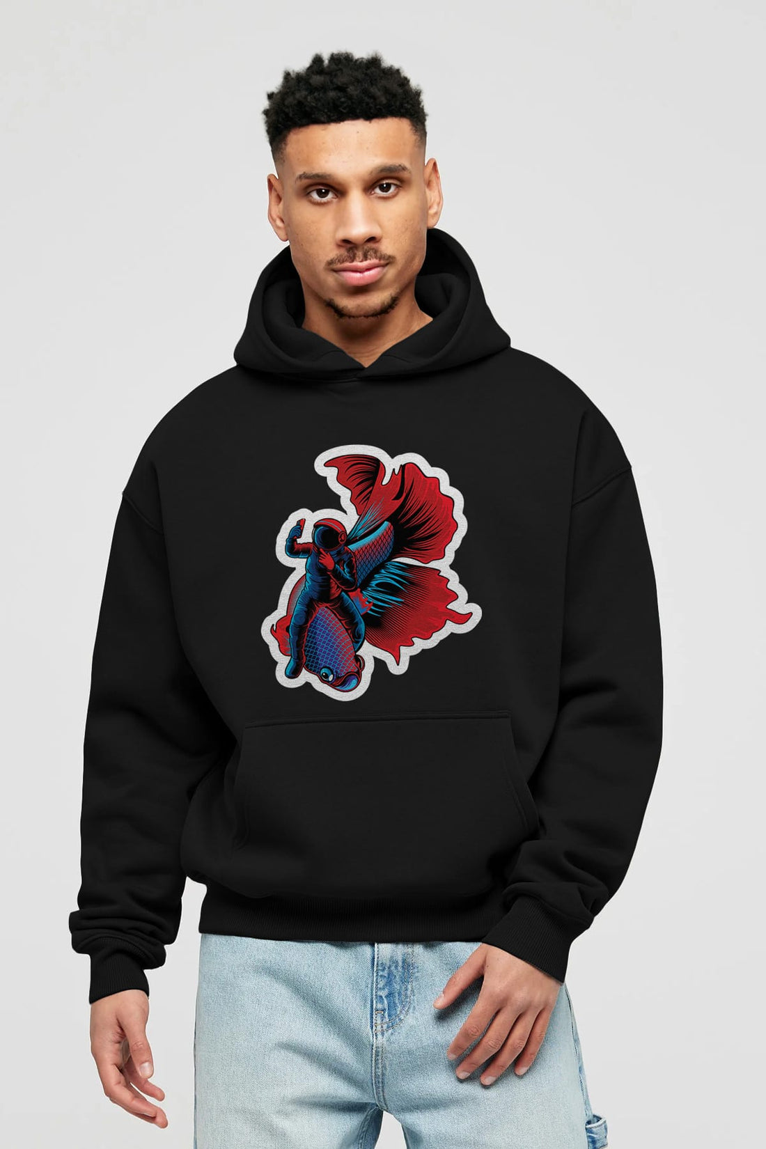 Astrofish selfie sticker Ön Baskılı Hoodie Oversize Kapüşonlu Sweatshirt Erkek Kadın Unisex