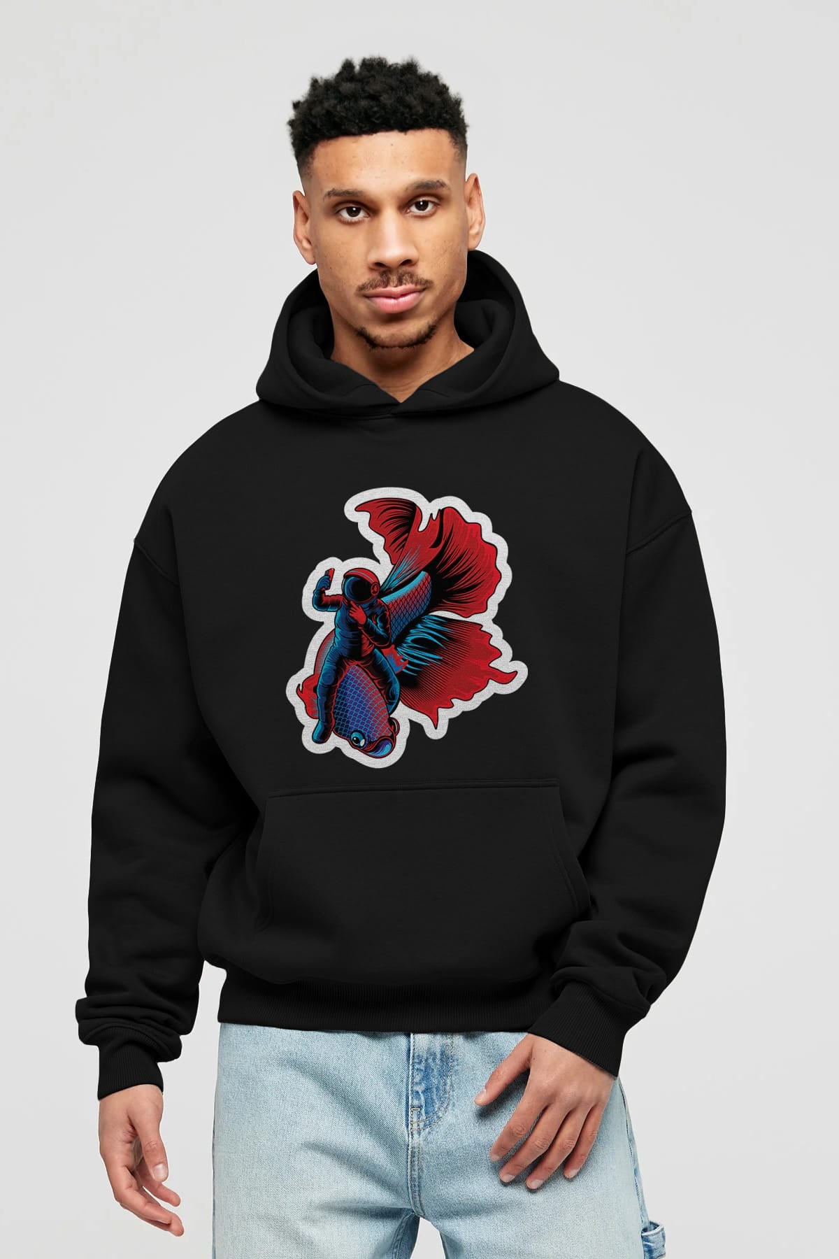 Astrofish selfie sticker Ön Baskılı Hoodie Oversize Kapüşonlu Sweatshirt Erkek Kadın Unisex