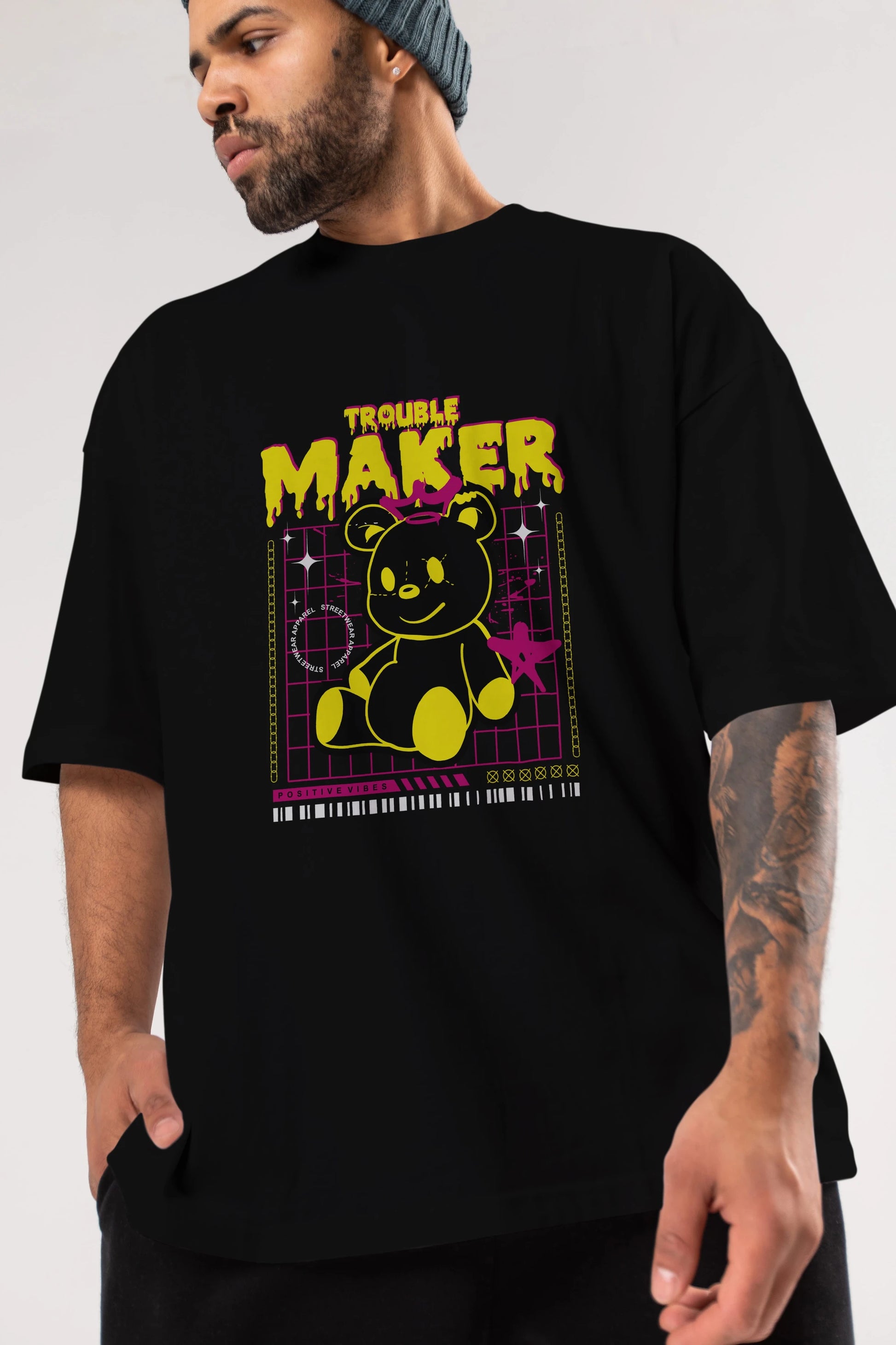 Teddy Bear Trouble Maker Ön Baskılı Oversize t-shirt Erkek Kadın Unisex