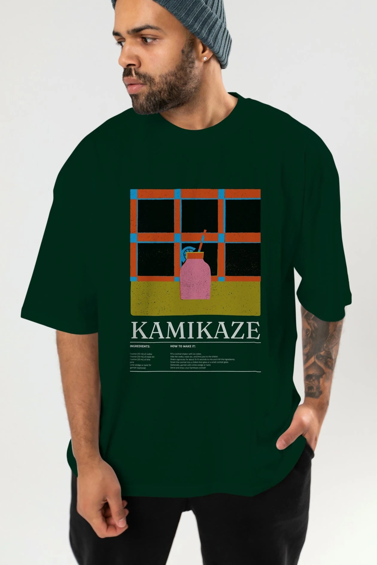 Kamikaze Kokteyl Ön Baskılı Oversize t-shirt Erkek Kadın %100 Pamuk Bisiklet Yaka tişort
