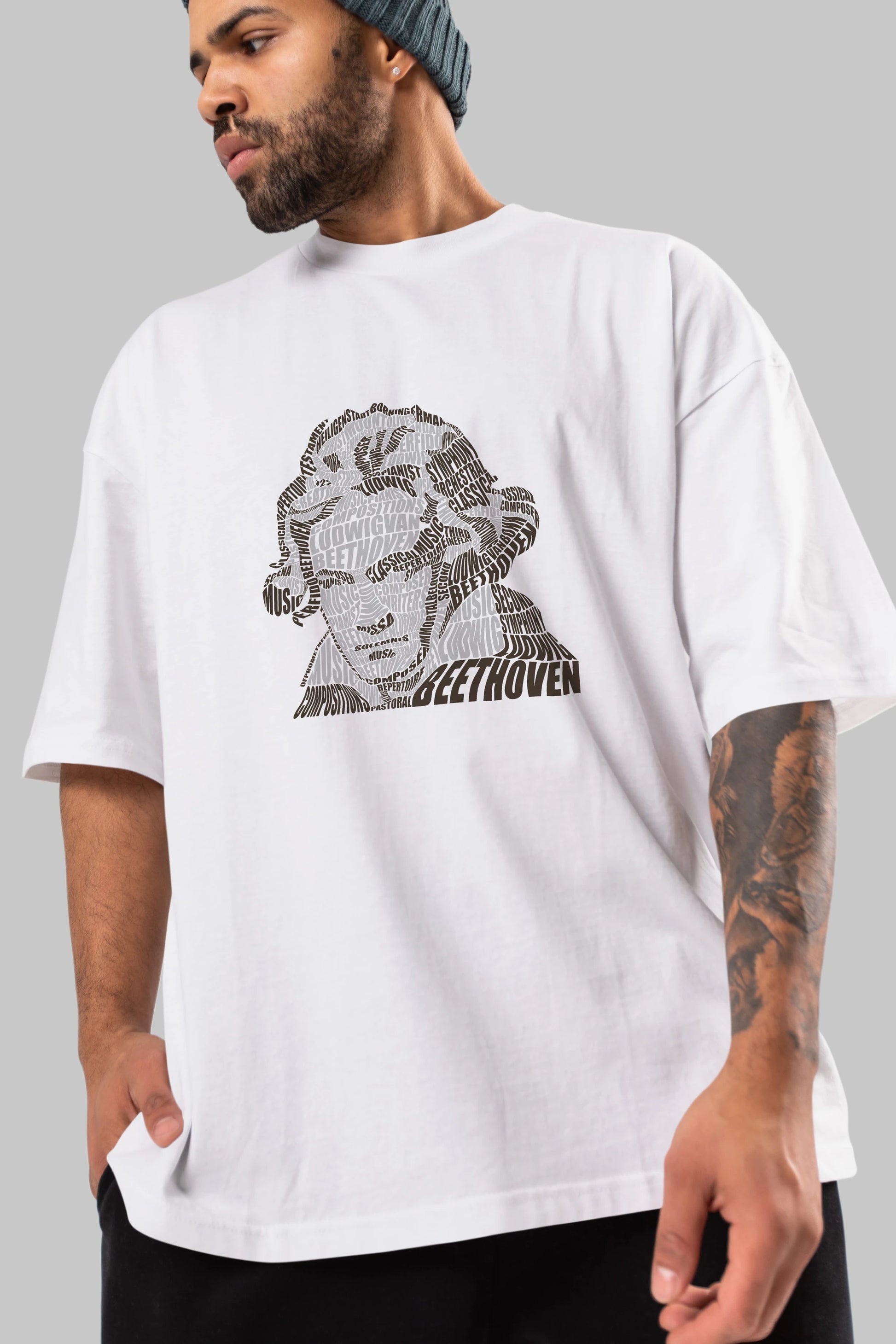 Ludwig van Beethoven Calligram Ön Baskılı Oversize t-shirt %100 pamuk Erkek Kadın Unisex