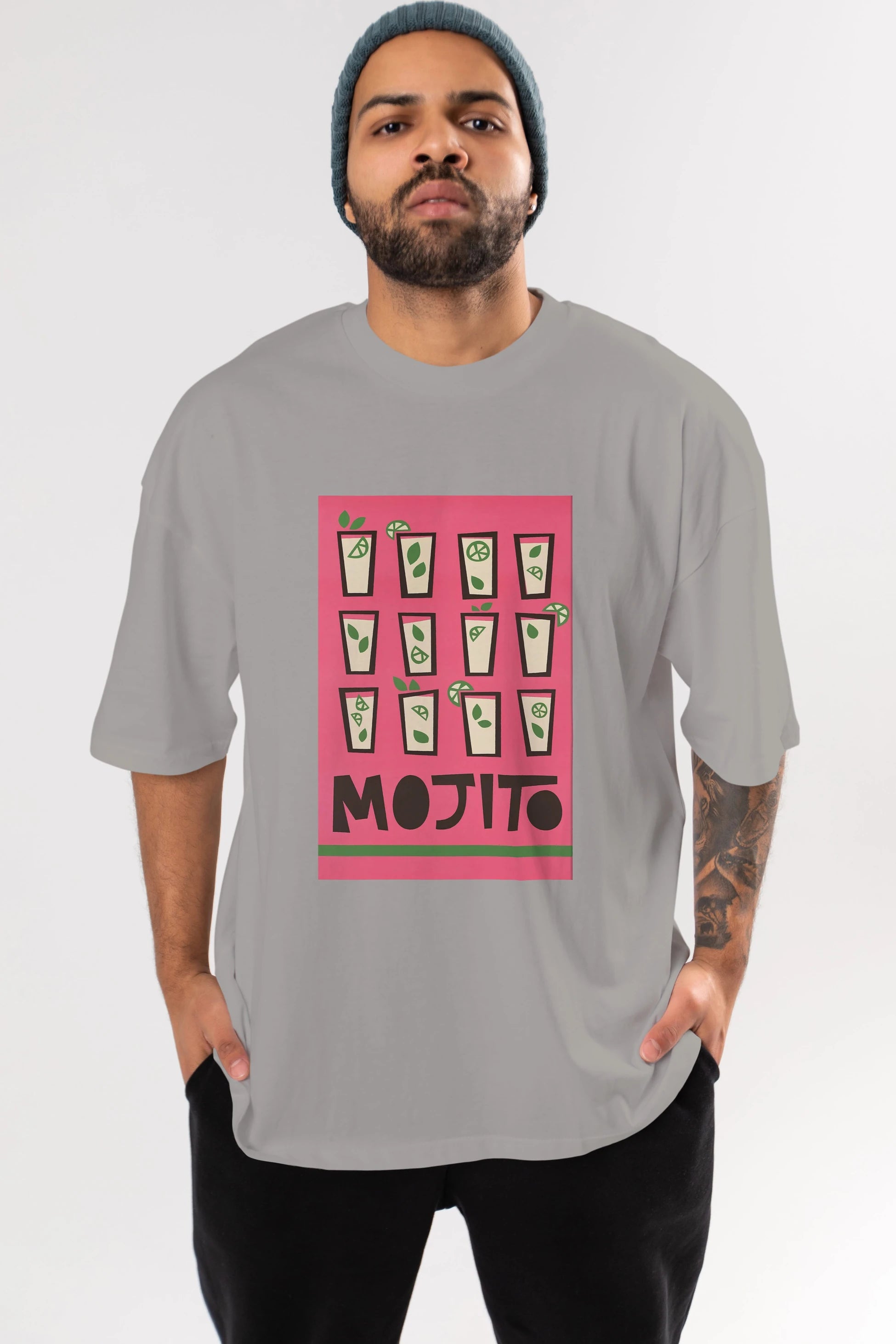 Mojito Ön Baskılı Oversize t-shirt Erkek Kadın Unisex %100 Pamuk Bisiklet Yaka tişort