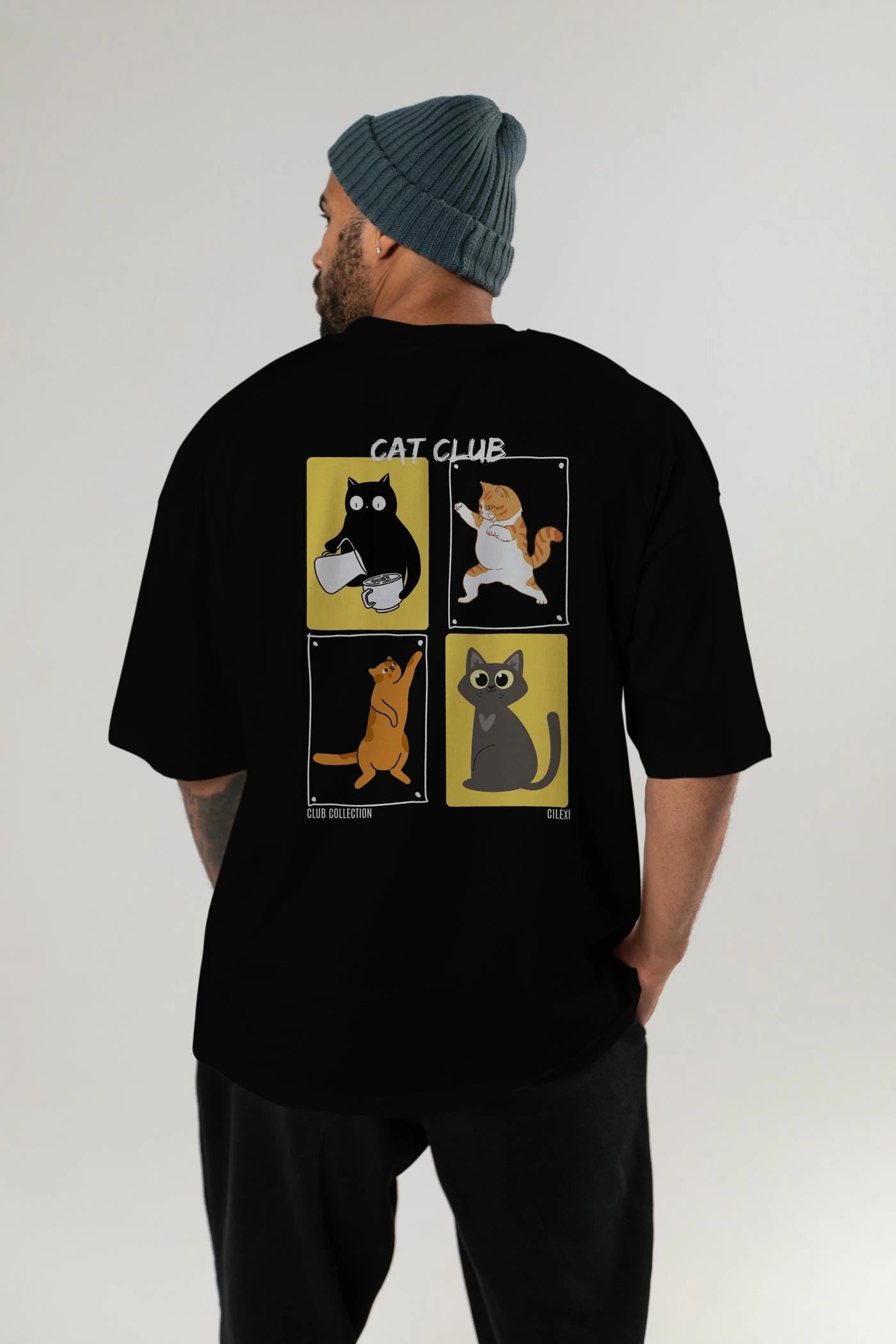 Cat Club Arka Baskılı Oversize t-shirt Erkek Kadın %100 Pamuk Bisiklet Yaka tişort