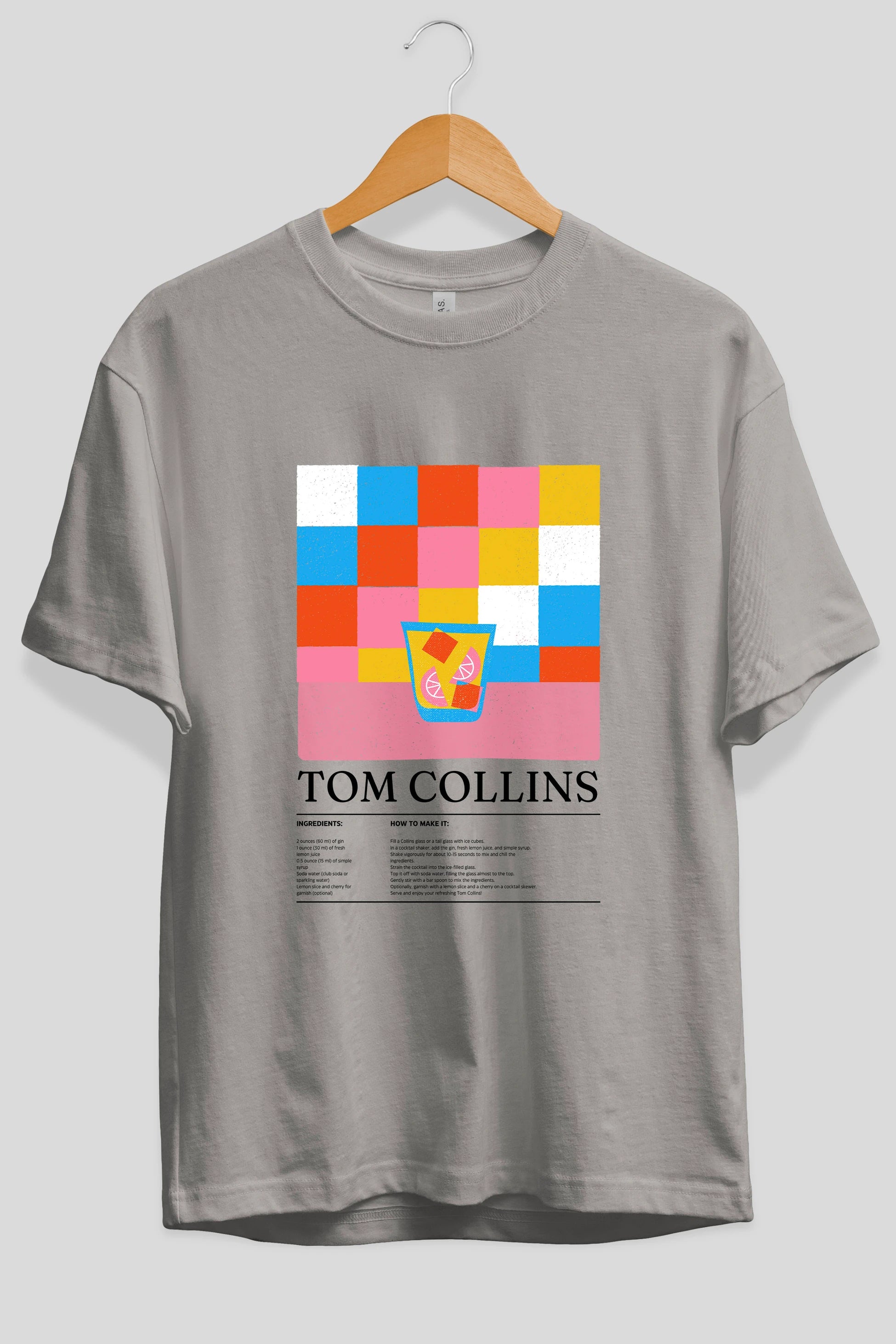 Tom Collins Kokteyl Ön Baskılı Oversize t-shirt Erkek Kadın %100 Pamuk Bisiklet Yaka tişort
